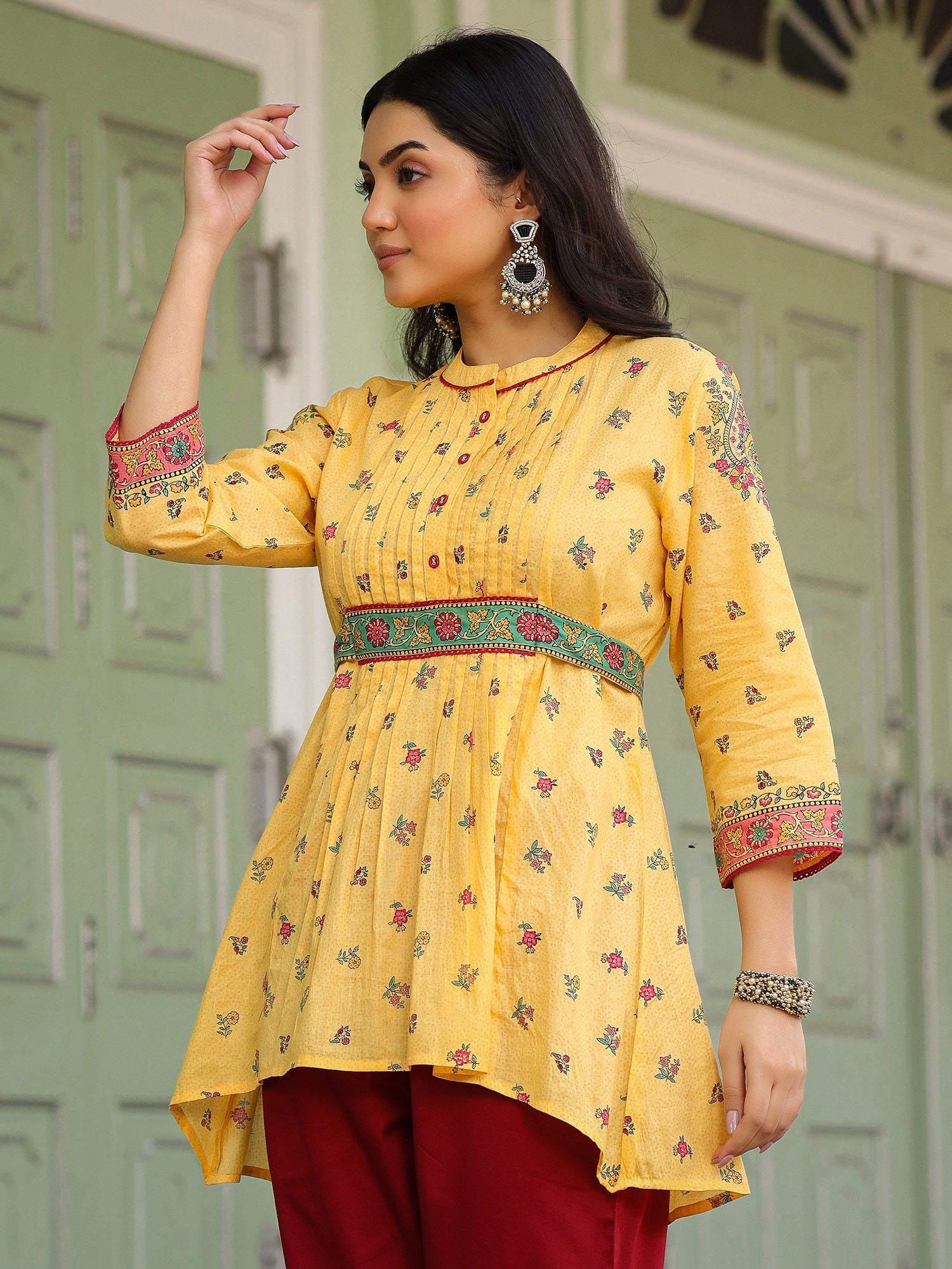 Juniper Mustard Floral Printed Cotton Voile Tunic With Lace Work