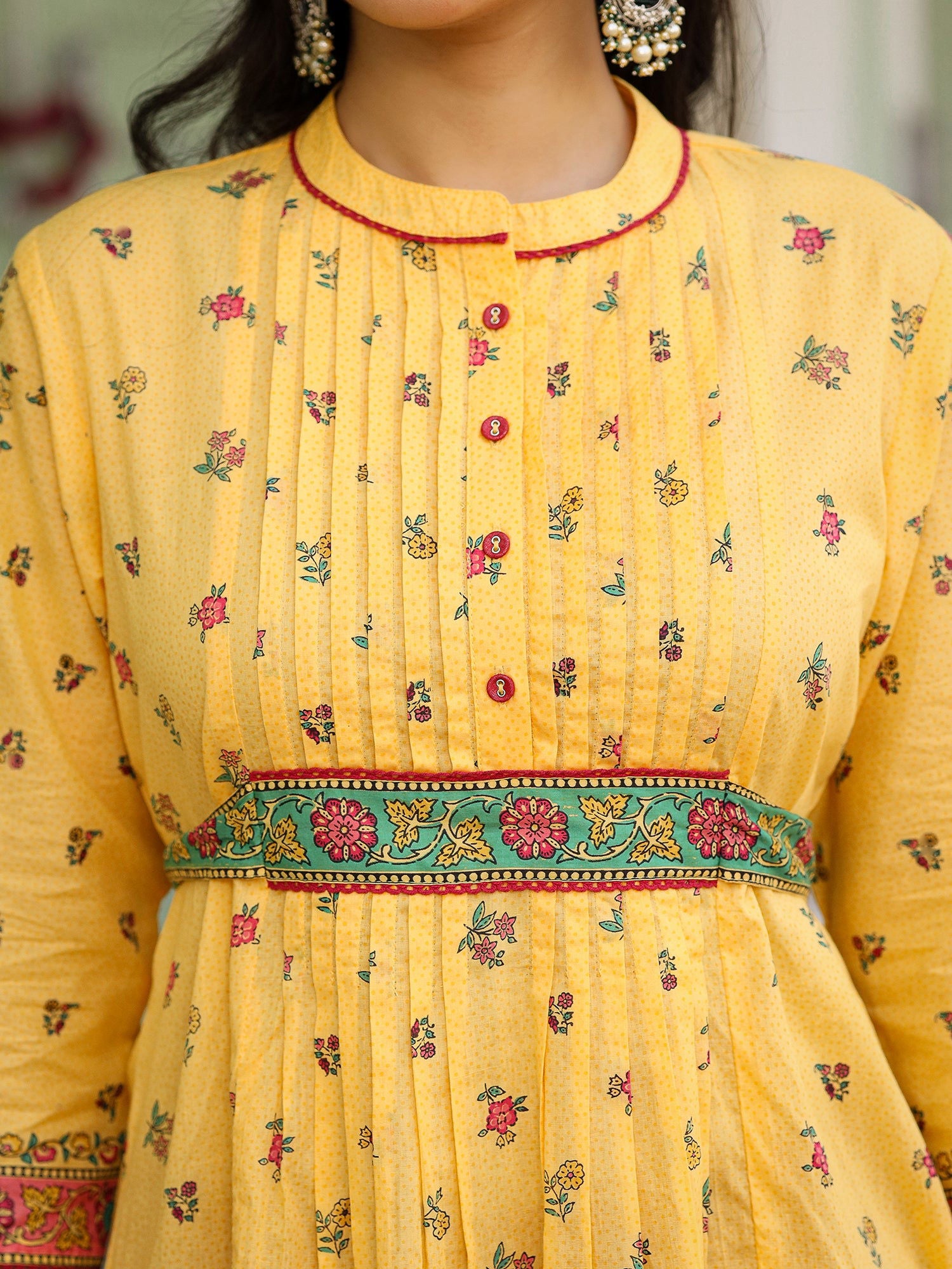 Juniper Mustard Floral Printed Cotton Voile Tunic With Lace Work