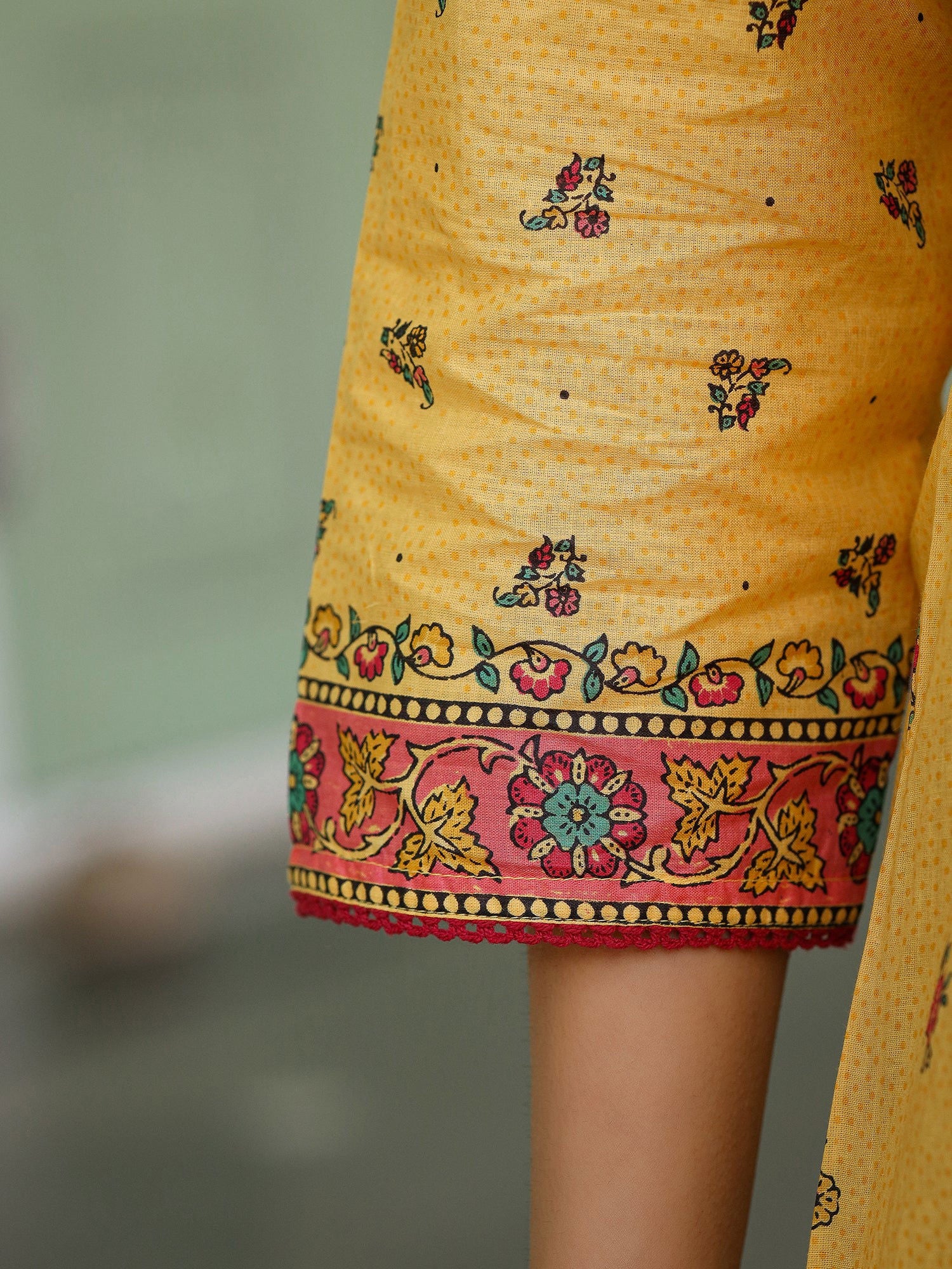 Juniper Mustard Floral Printed Cotton Voile Tunic With Lace Work