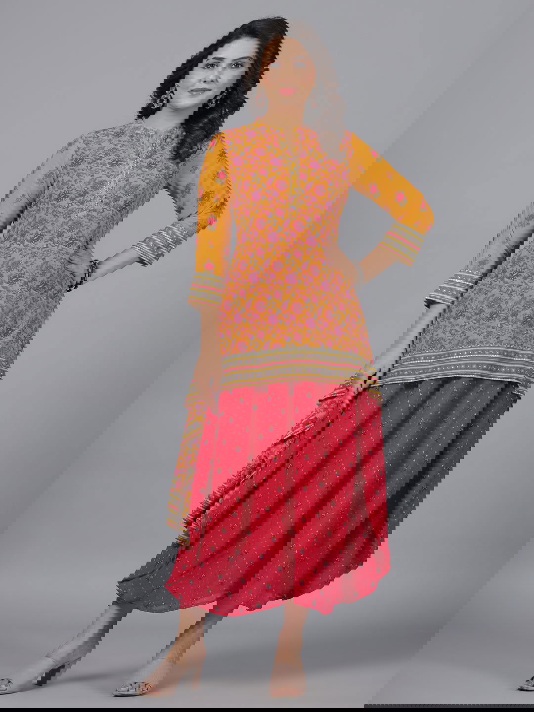 Juniper Mustard Floral Printed Georgette Draped Maxi Dress With Sequins Work