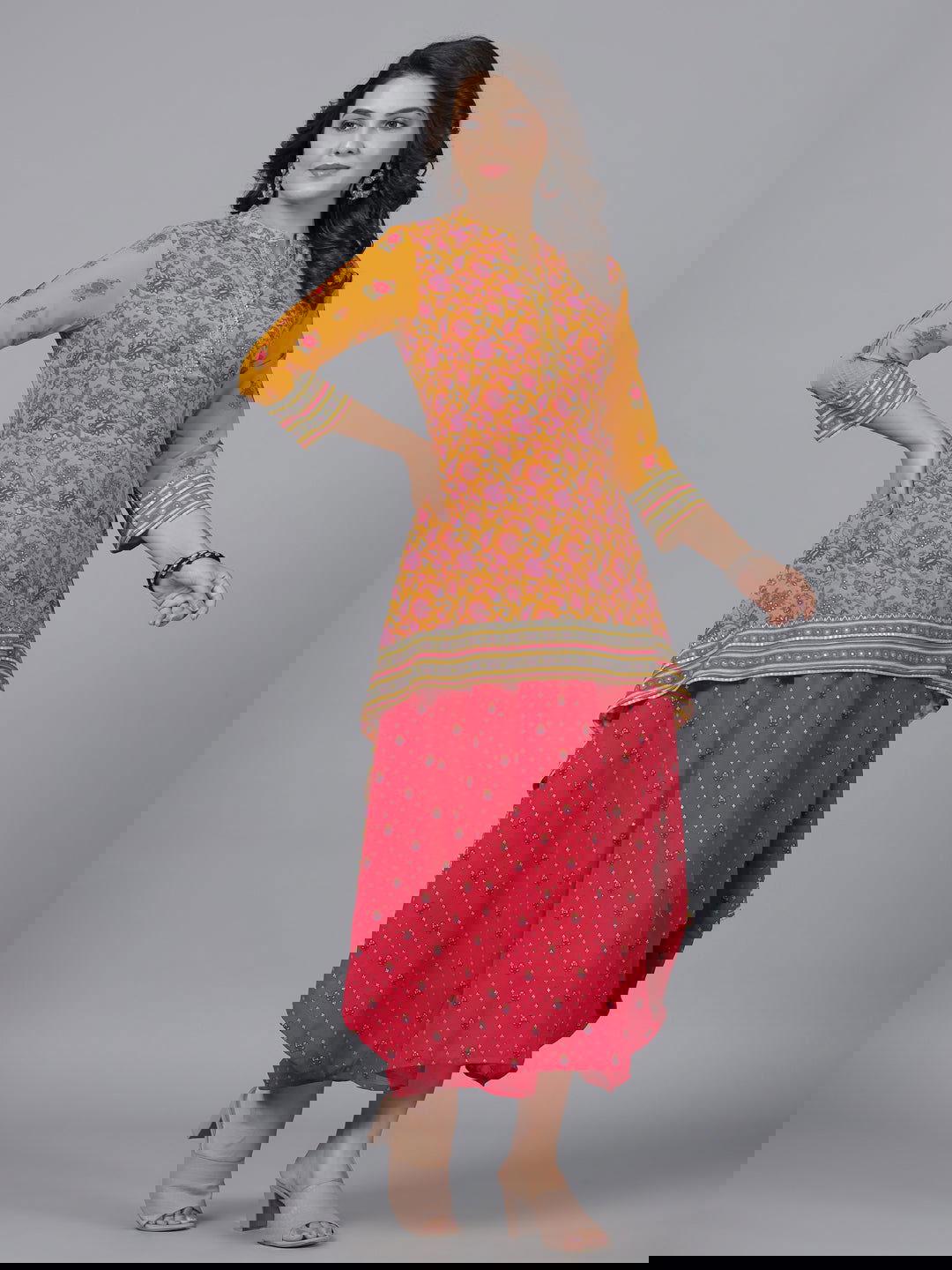 Juniper Mustard Floral Printed Georgette Draped Maxi Dress With Sequins Work