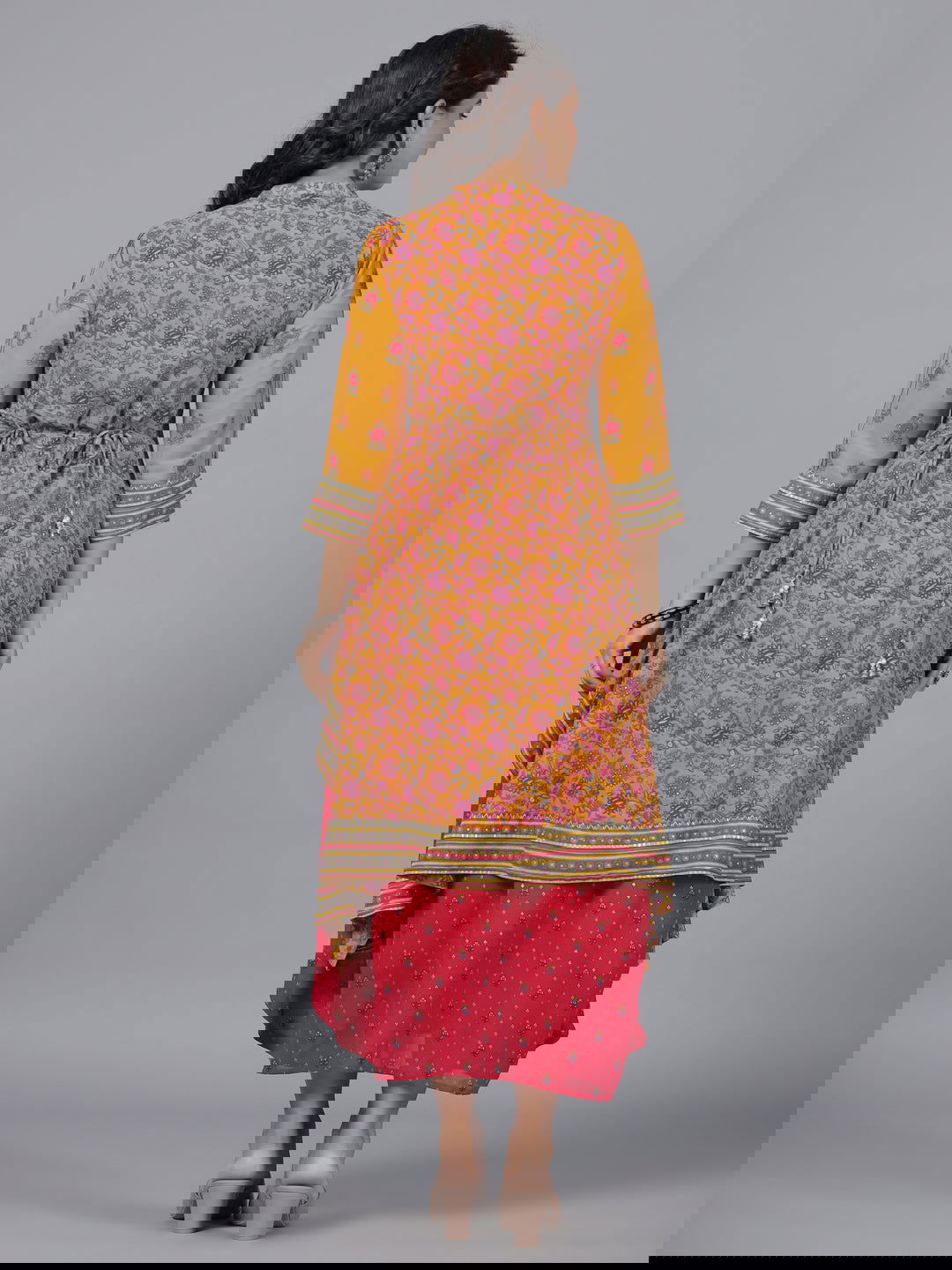 Juniper Mustard Floral Printed Georgette Draped Maxi Dress With Sequins Work