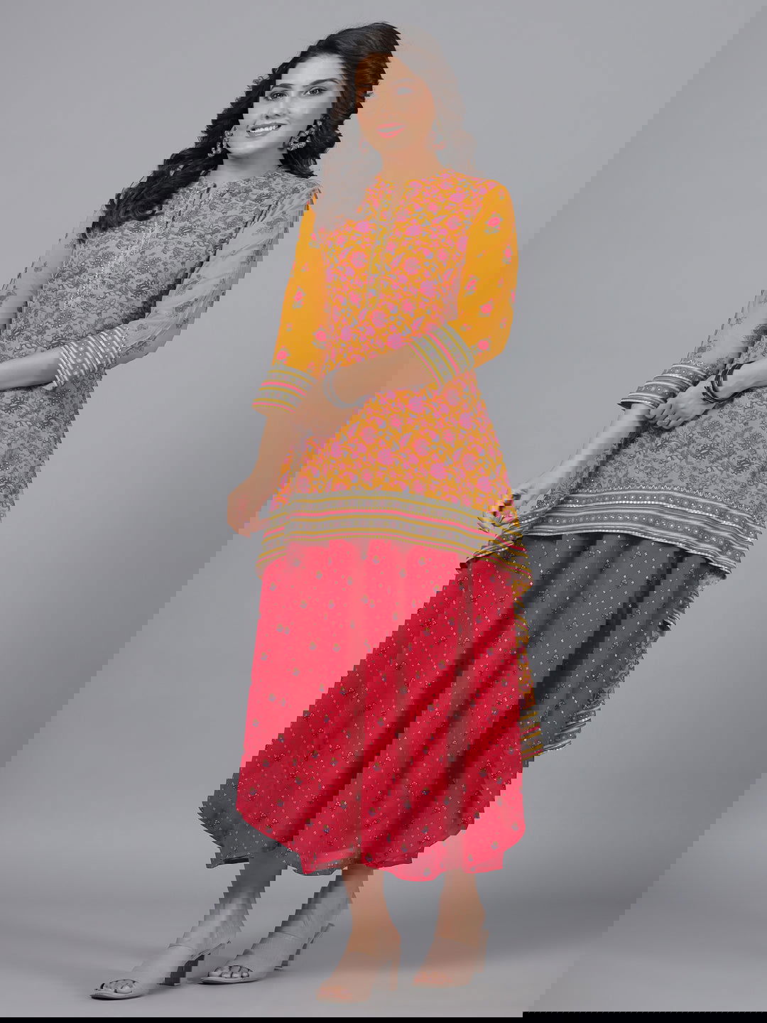 Juniper Mustard Floral Printed Georgette Draped Maxi Dress With Sequins Work