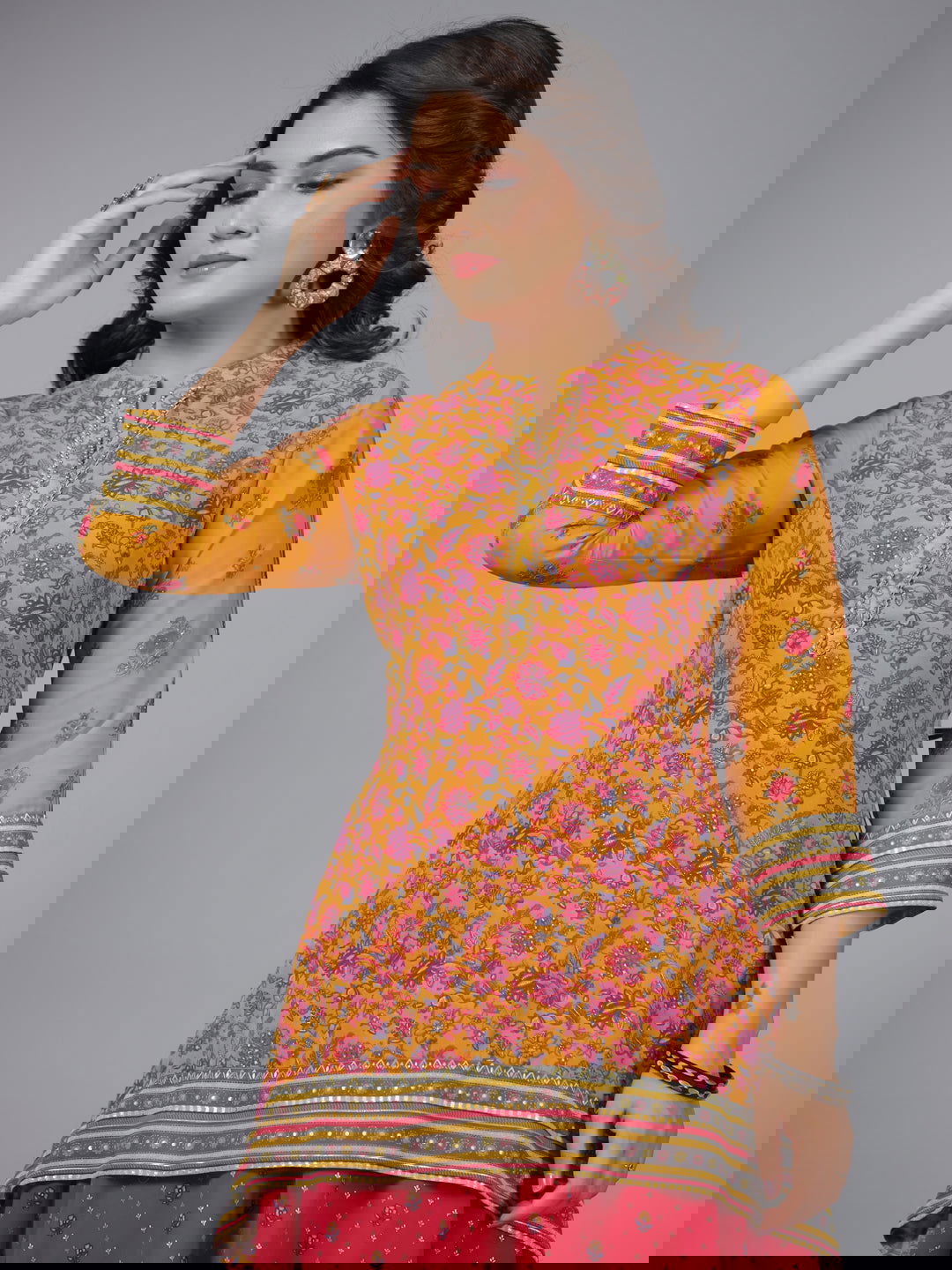 Juniper Mustard Floral Printed Georgette Draped Maxi Dress With Sequins Work