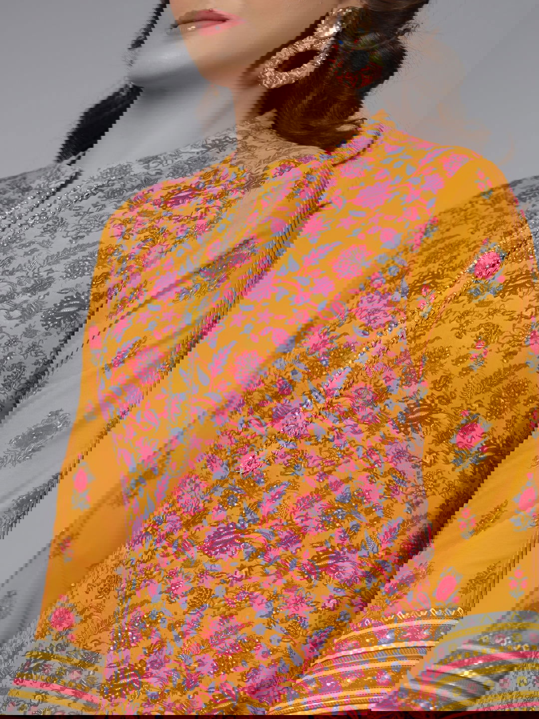 Juniper Mustard Floral Printed Georgette Draped Maxi Dress With Sequins Work