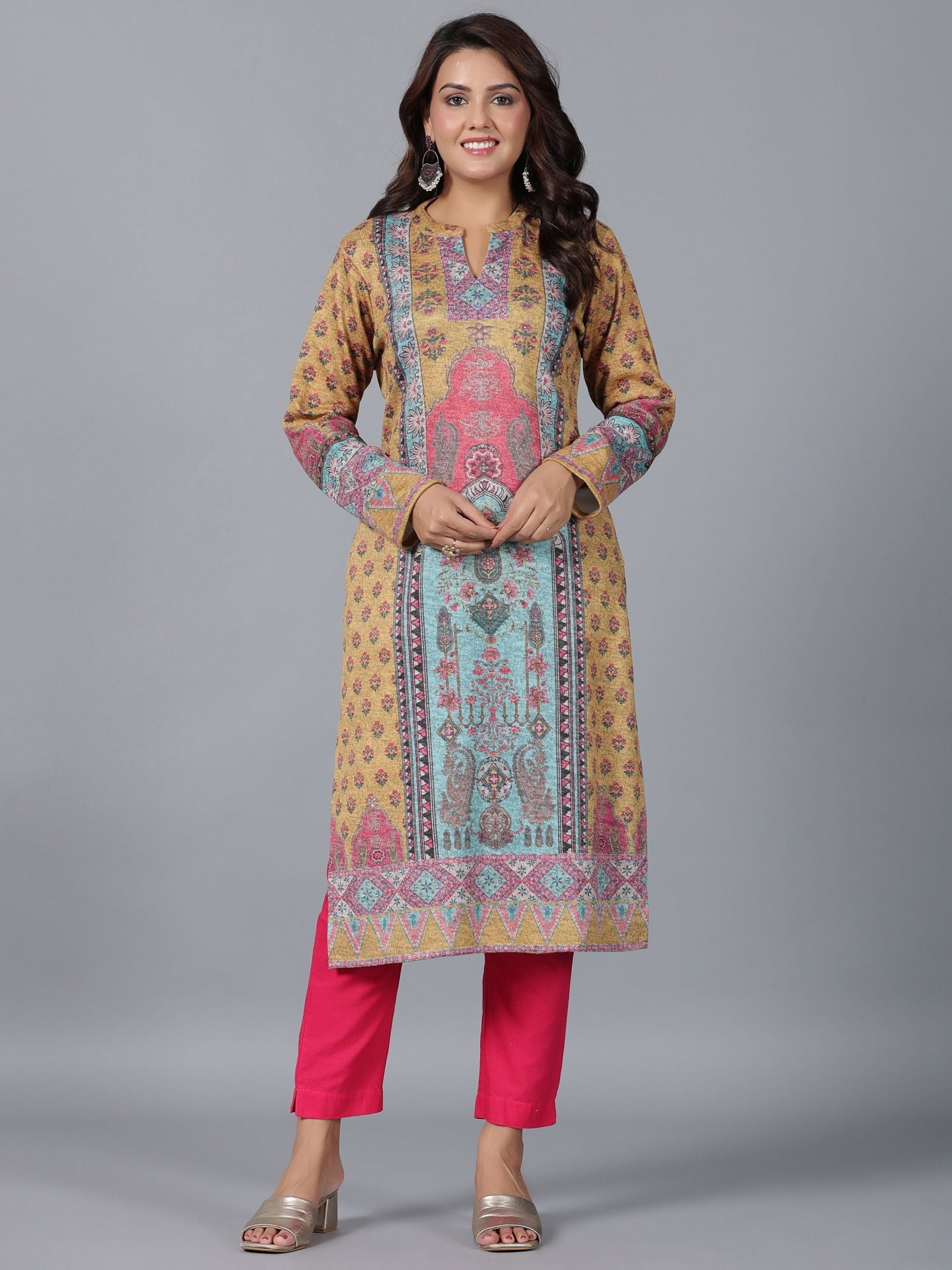 Juniper Mustard Floral Printed Woolen Straight Kurta.