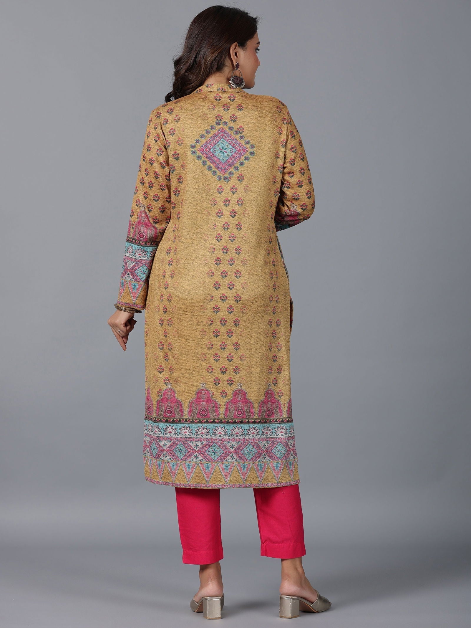 Juniper Mustard Floral Printed Woolen Straight Kurta.