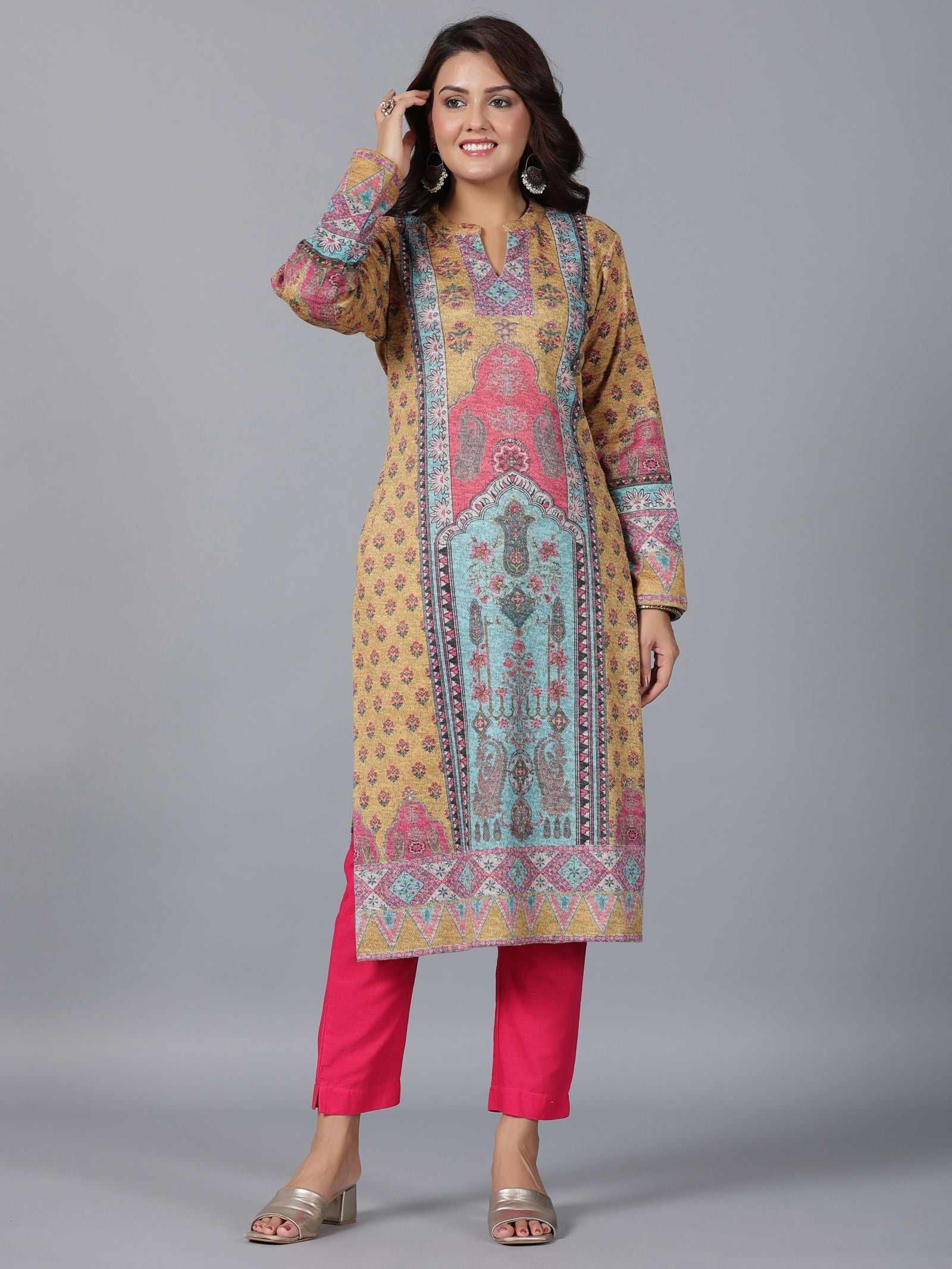 Juniper Mustard Floral Printed Woolen Straight Kurta.