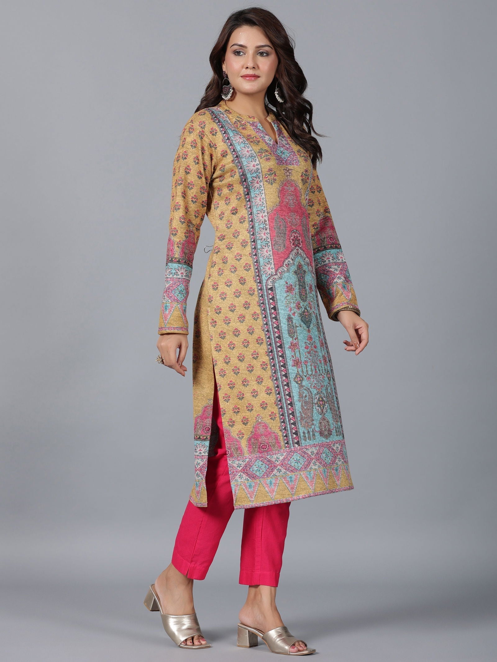 Juniper Mustard Floral Printed Woolen Straight Kurta.