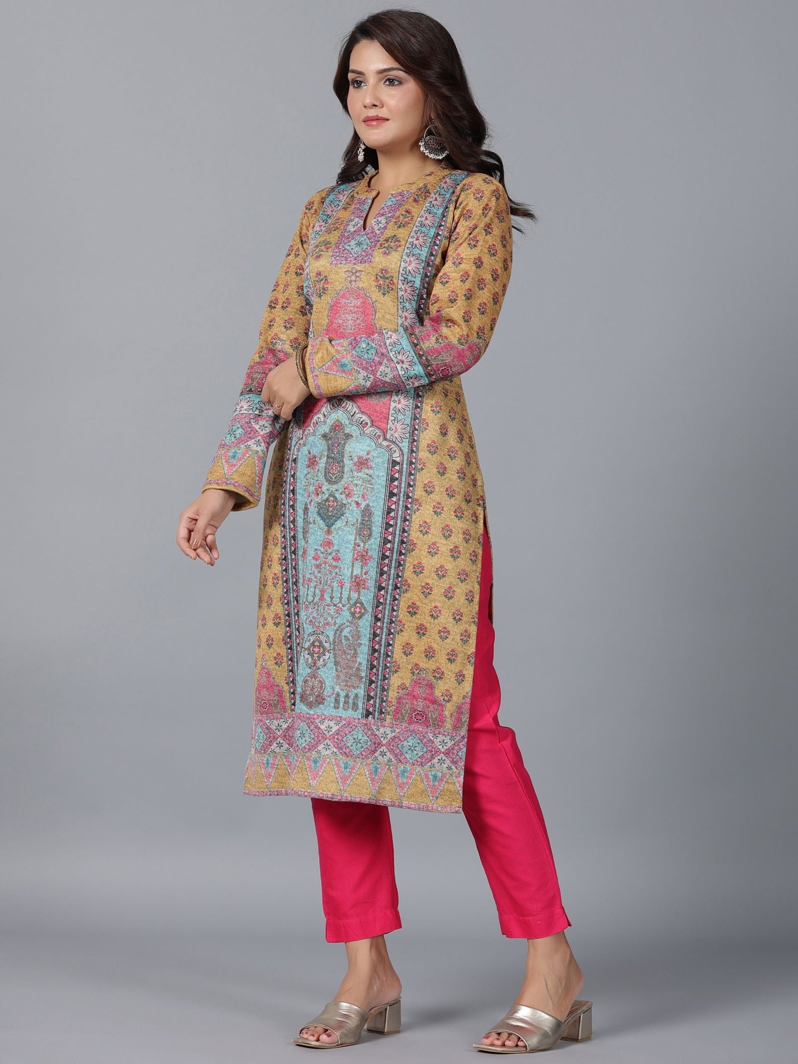 Juniper Mustard Floral Printed Woolen Straight Kurta.