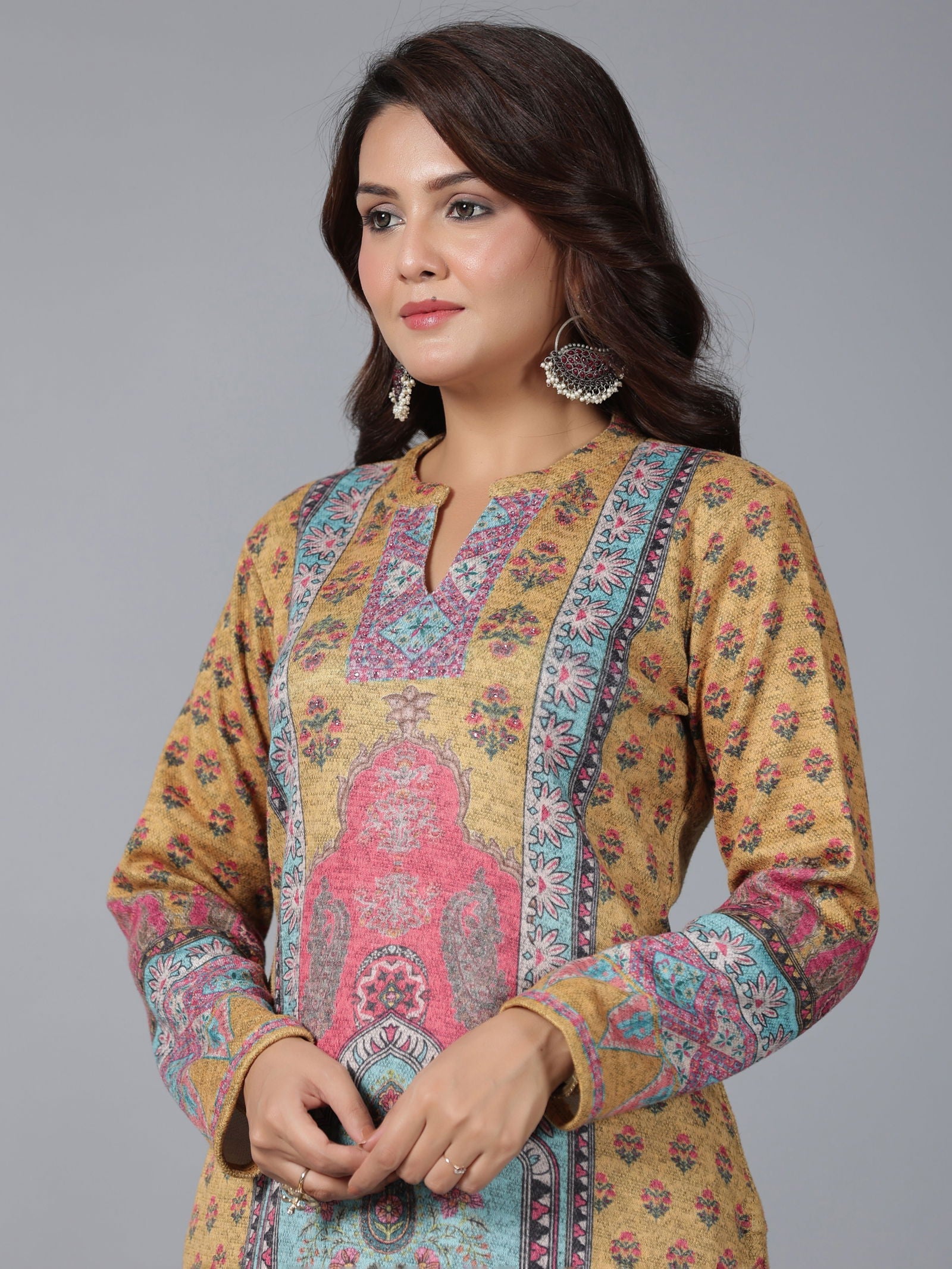 Juniper Mustard Floral Printed Woolen Straight Kurta.