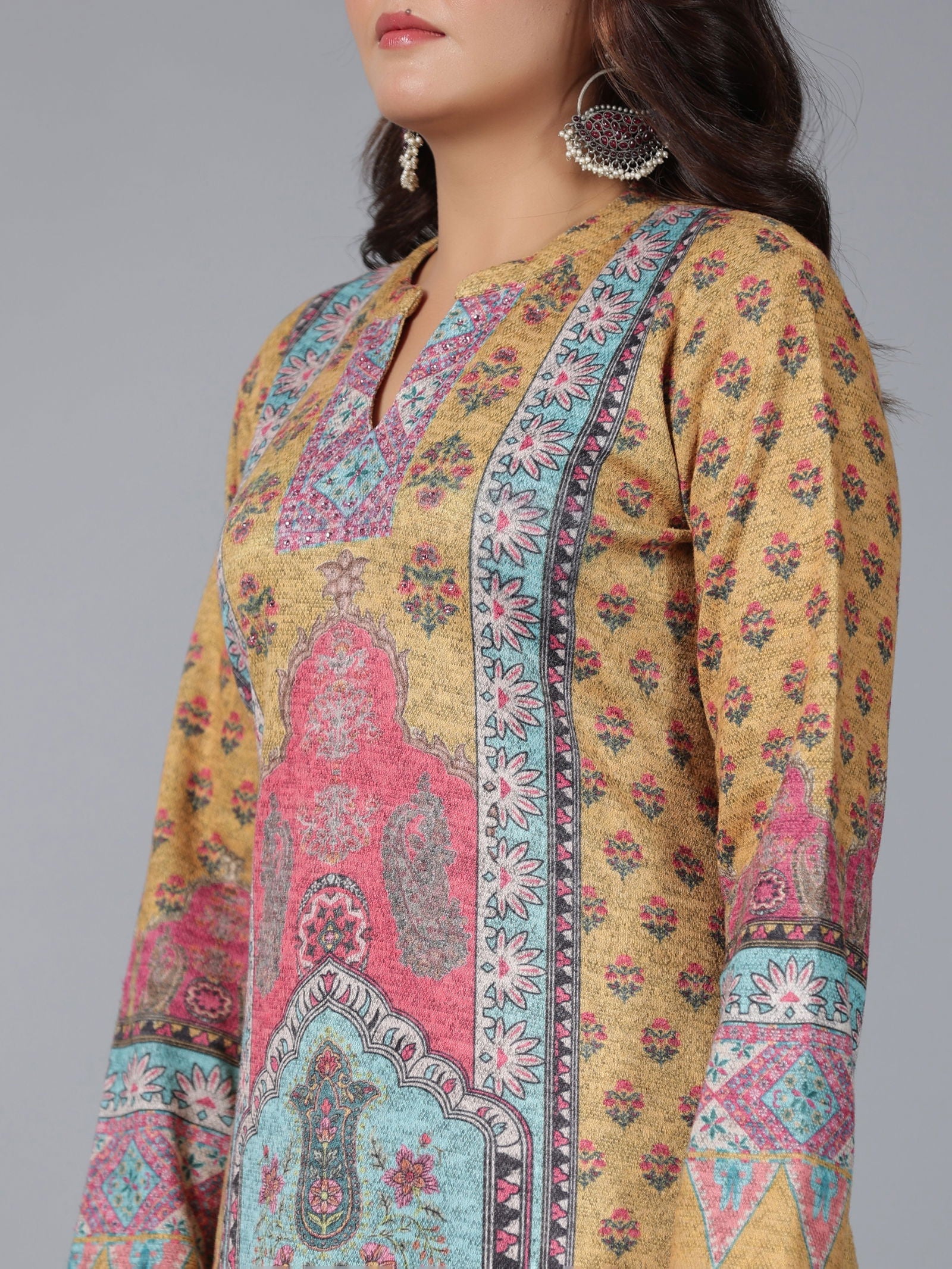Juniper Mustard Floral Printed Woolen Straight Kurta.