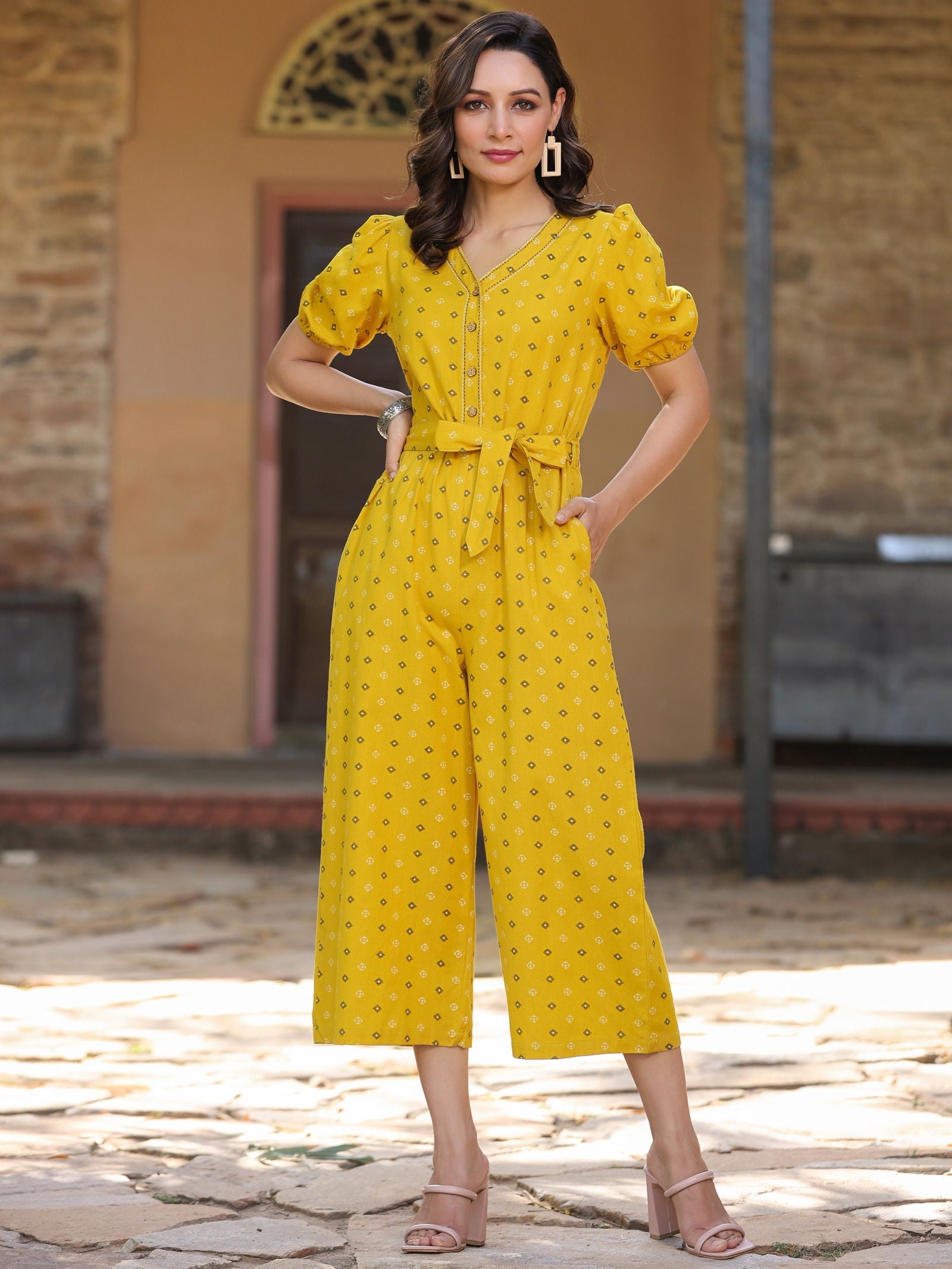 Juniper Mustard Geometric Printed Cotton Flex Jumpsuit With thread embroidery