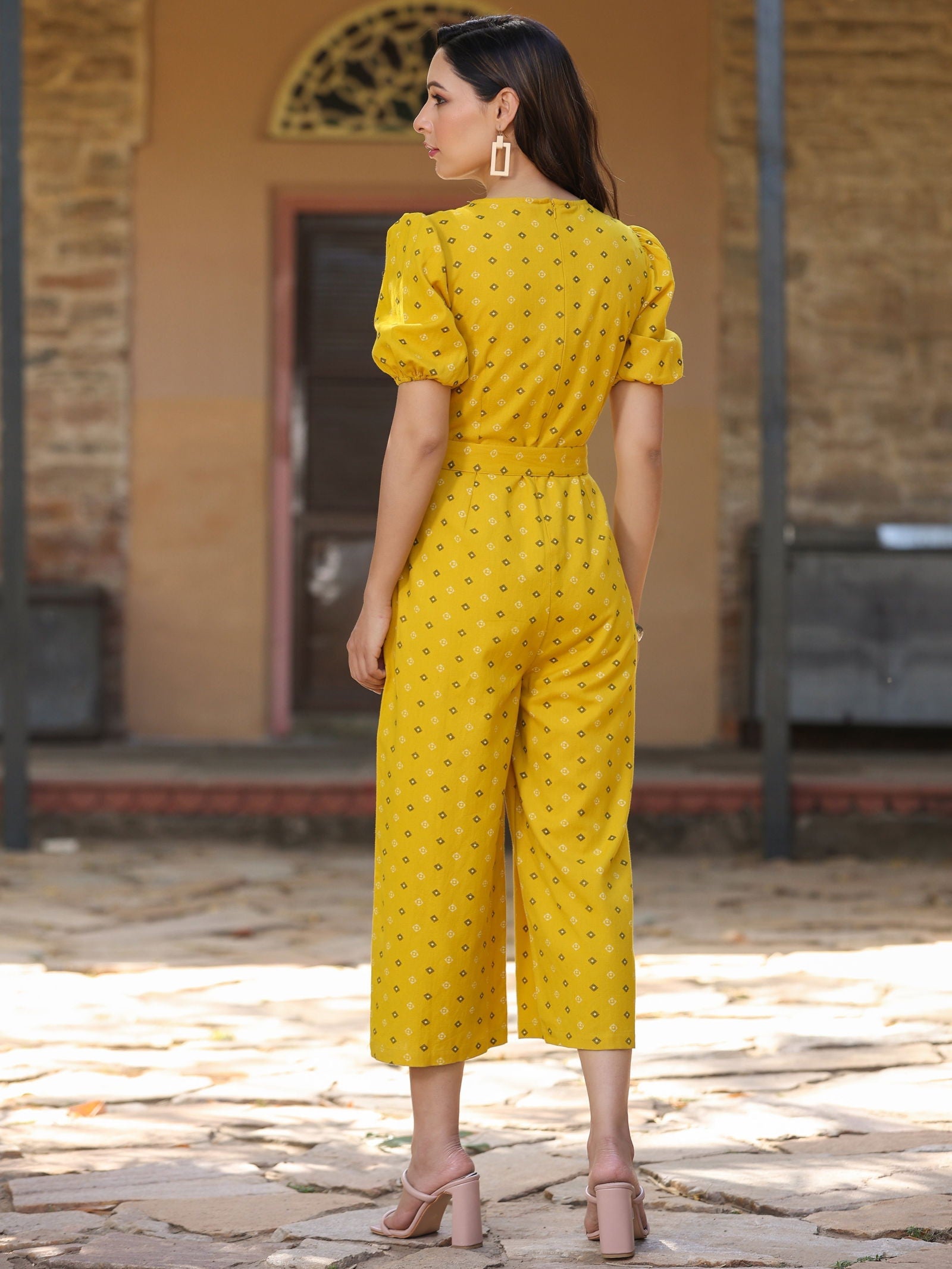 Juniper Mustard Geometric Printed Cotton Flex Jumpsuit With thread embroidery