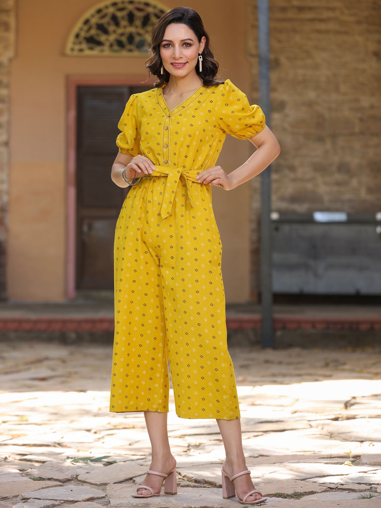 Juniper Mustard Geometric Printed Cotton Flex Jumpsuit With thread embroidery