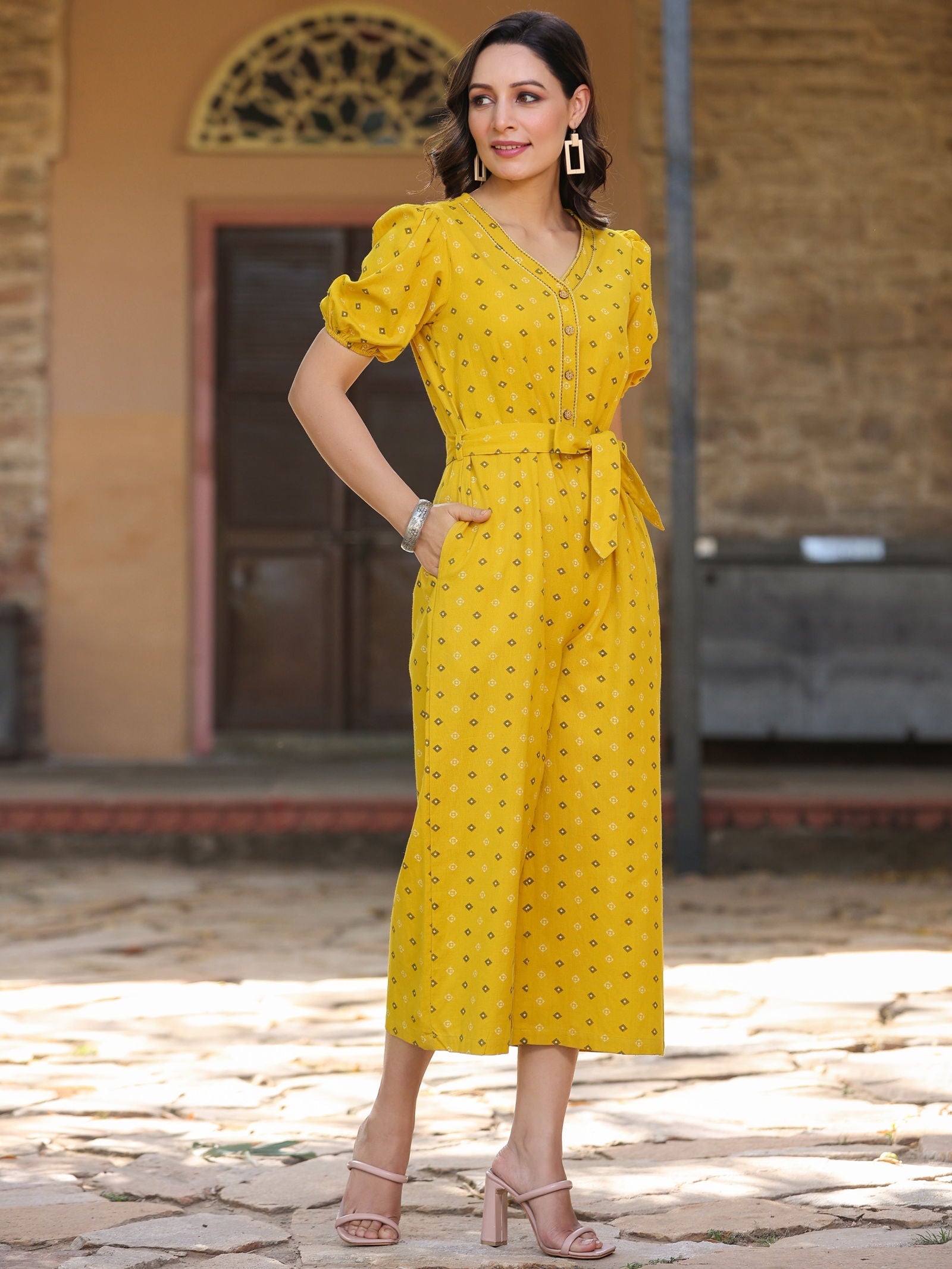 Juniper Mustard Geometric Printed Cotton Flex Jumpsuit With thread embroidery