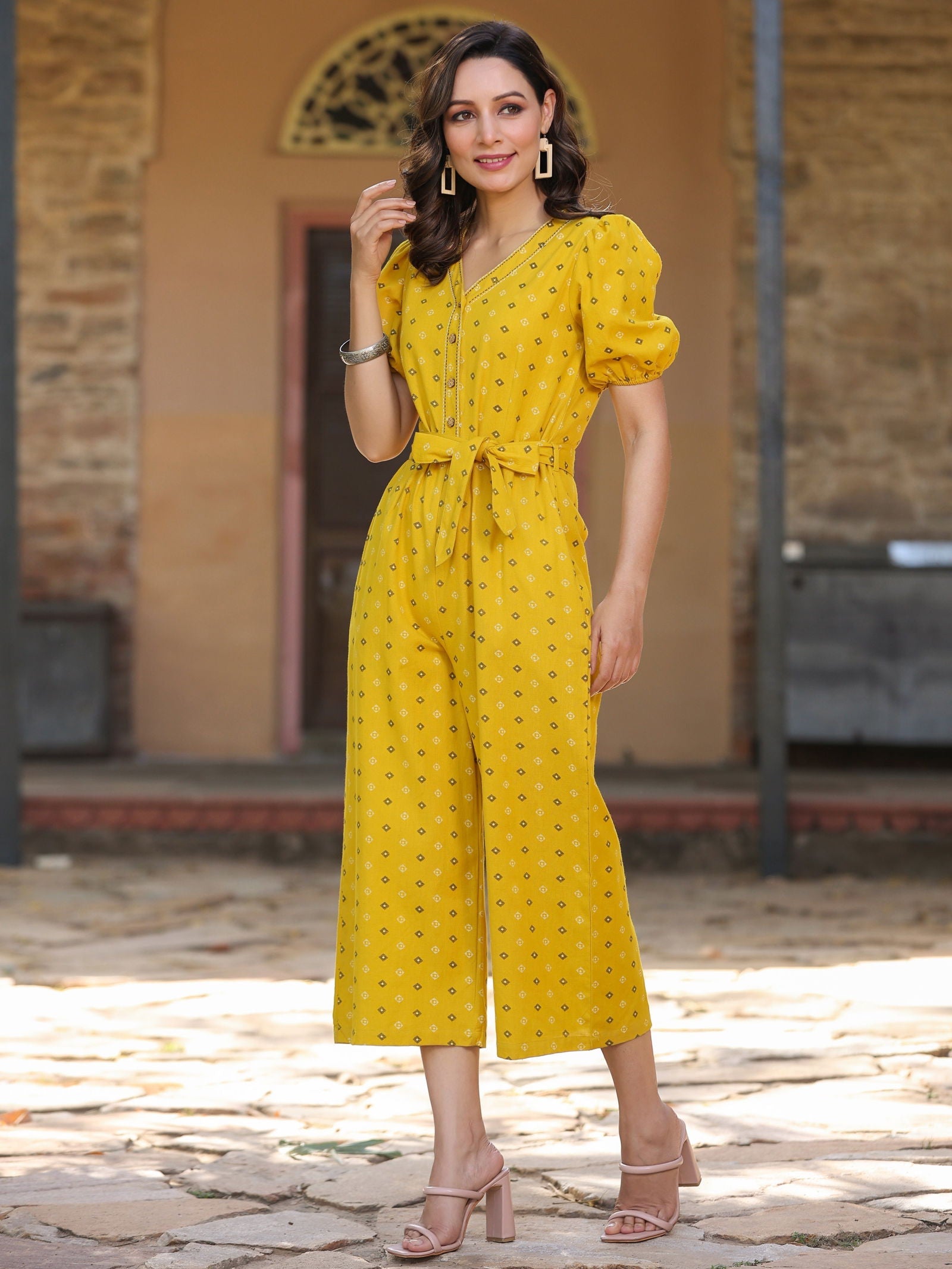 Juniper Mustard Geometric Printed Cotton Flex Jumpsuit With thread embroidery