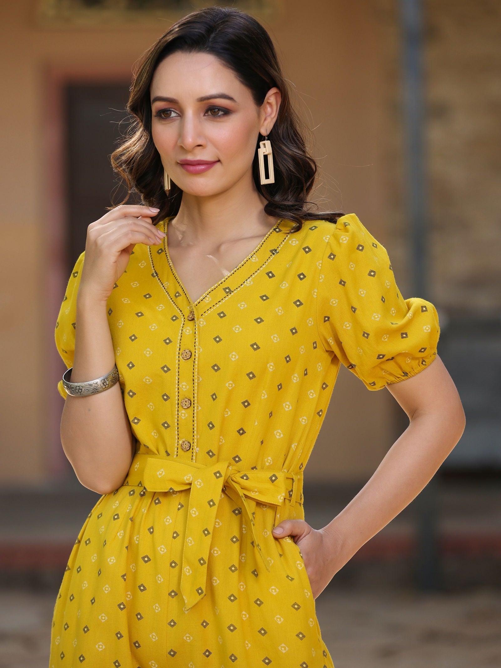 Juniper Mustard Geometric Printed Cotton Flex Jumpsuit With thread embroidery