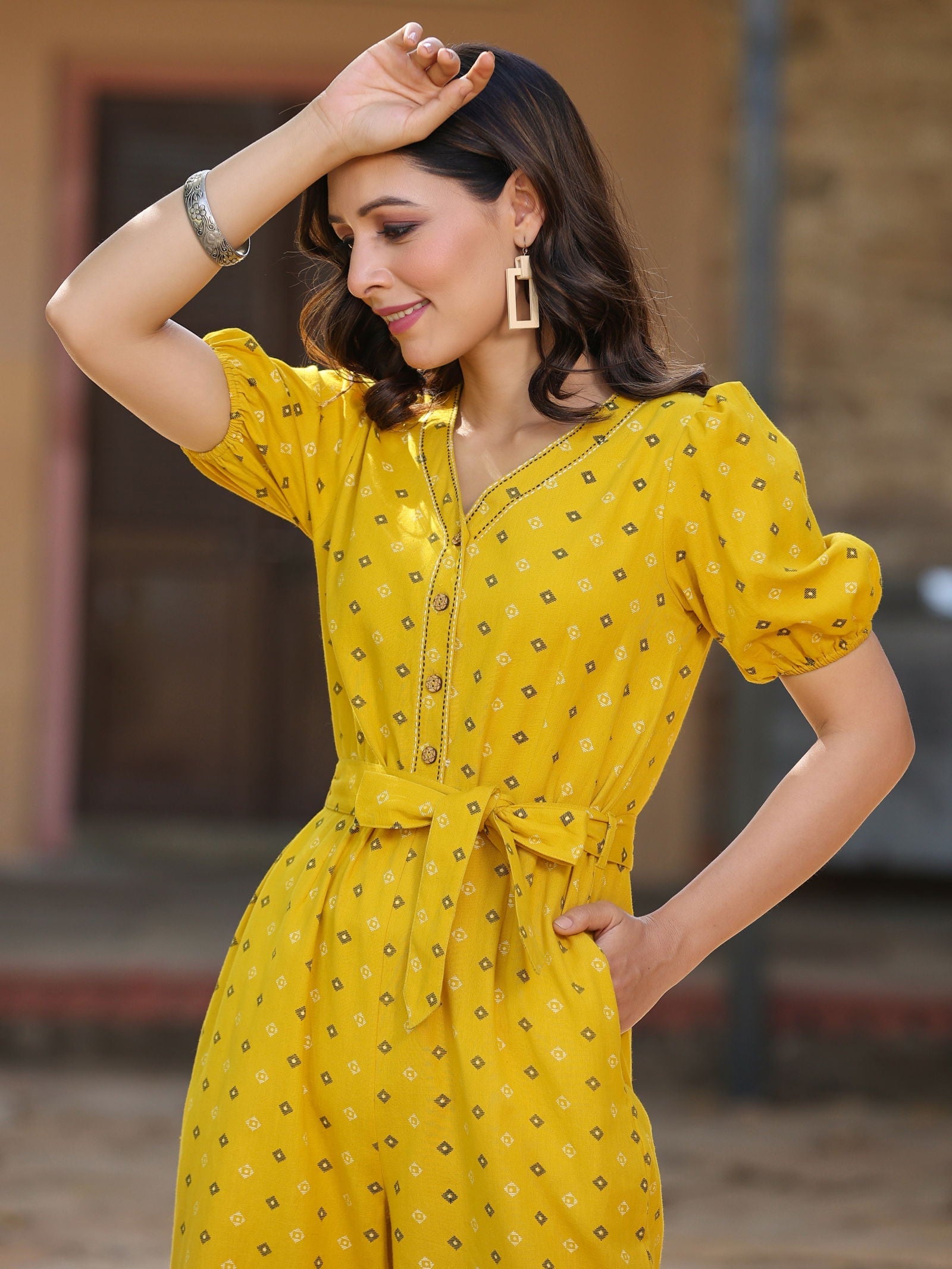 Juniper Mustard Geometric Printed Cotton Flex Jumpsuit With thread embroidery