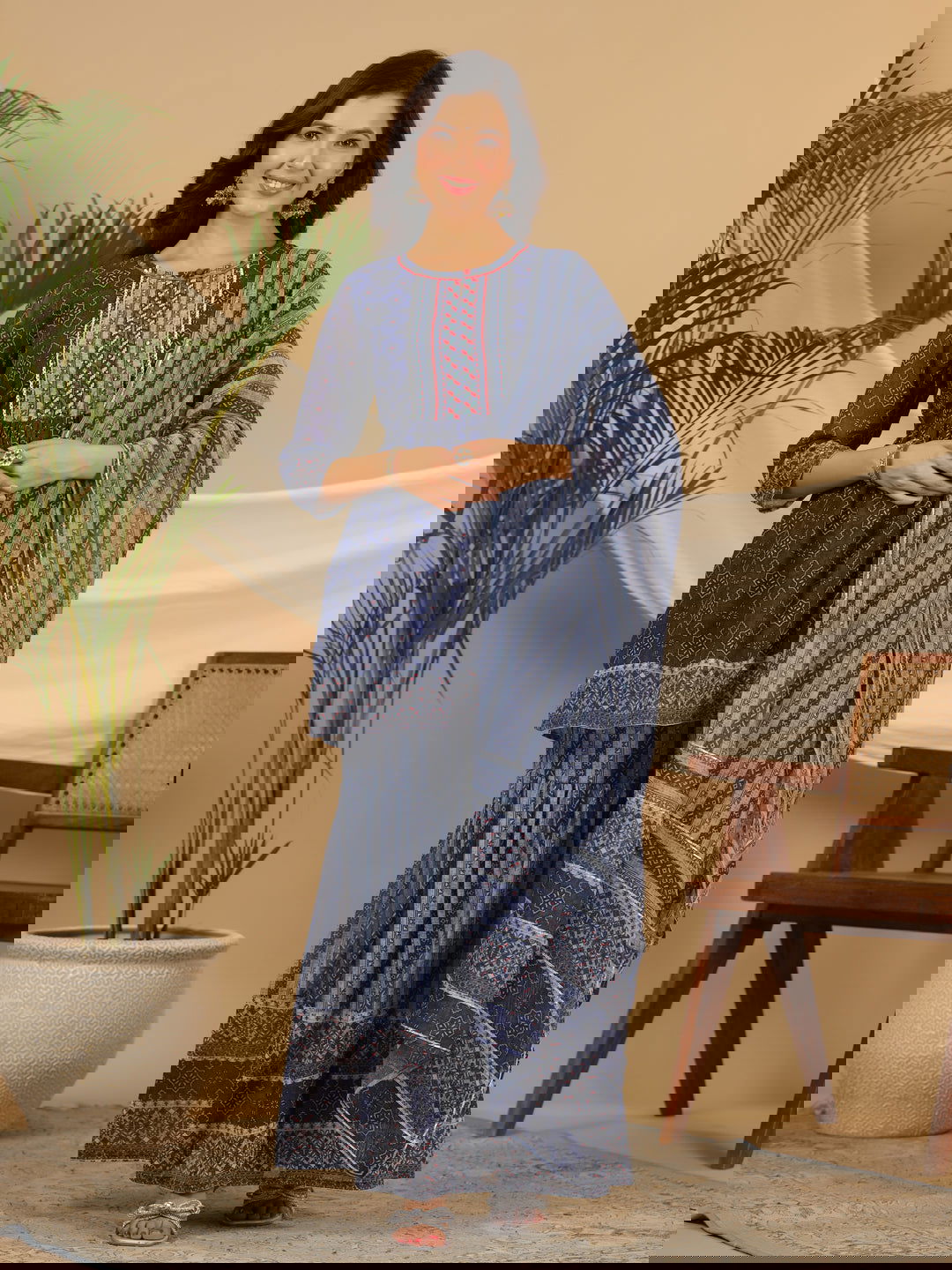 Juniper Navy Blue Geometric Printed Georgette Gota Kurta Sharara & Dupatta Set With beads & Sequins