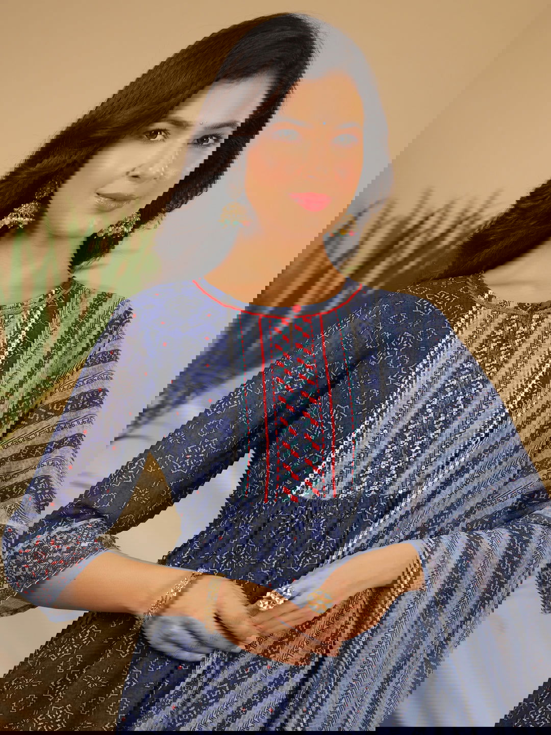 Juniper Navy Blue Geometric Printed Georgette Gota Kurta Sharara & Dupatta Set With beads & Sequins