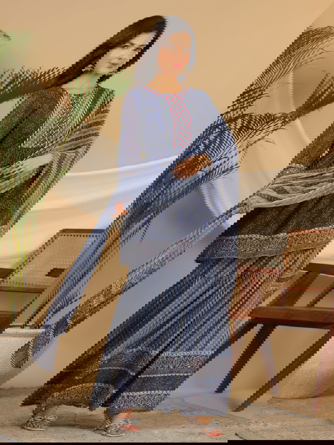 Juniper Navy Blue Geometric Printed Georgette Gota Kurta Sharara & Dupatta Set With beads & Sequins