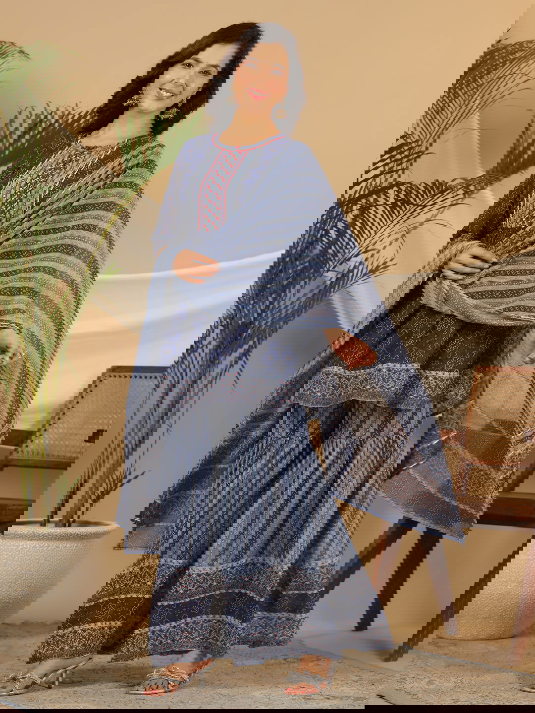 Juniper Navy Blue Geometric Printed Georgette Gota Kurta Sharara & Dupatta Set With beads & Sequins