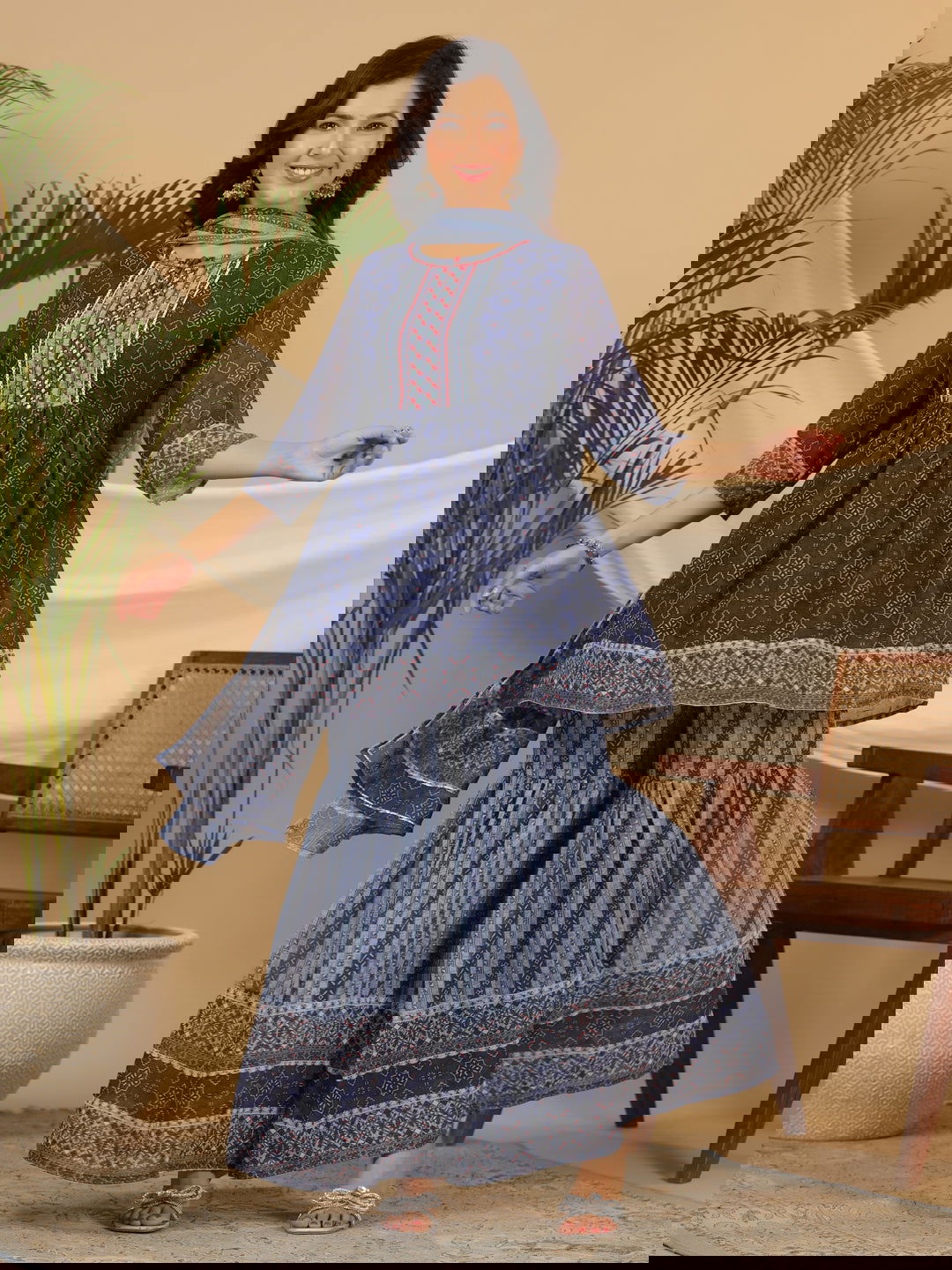 Juniper Navy Blue Geometric Printed Georgette Gota Kurta Sharara & Dupatta Set With beads & Sequins