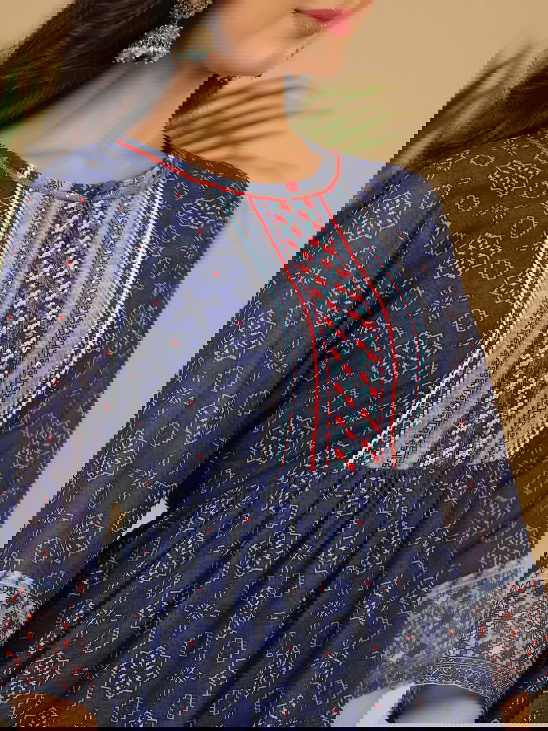 Juniper Navy Blue Geometric Printed Georgette Gota Kurta Sharara & Dupatta Set With beads & Sequins