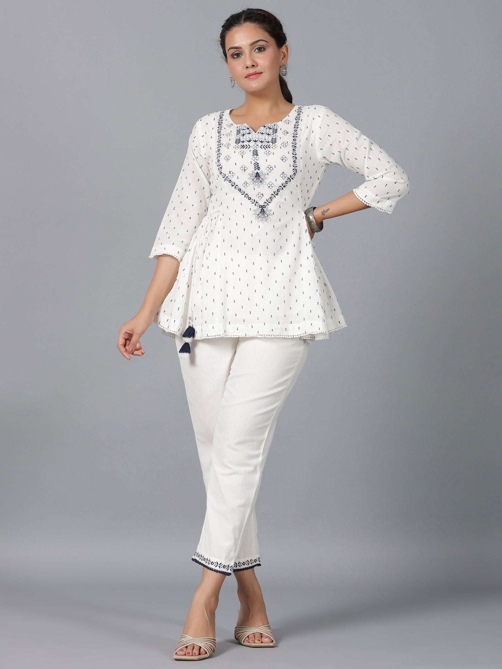 Juniper Off-White Ethnic Motif Printed Cotton Dobby Clothing Set With Thread Embroidery