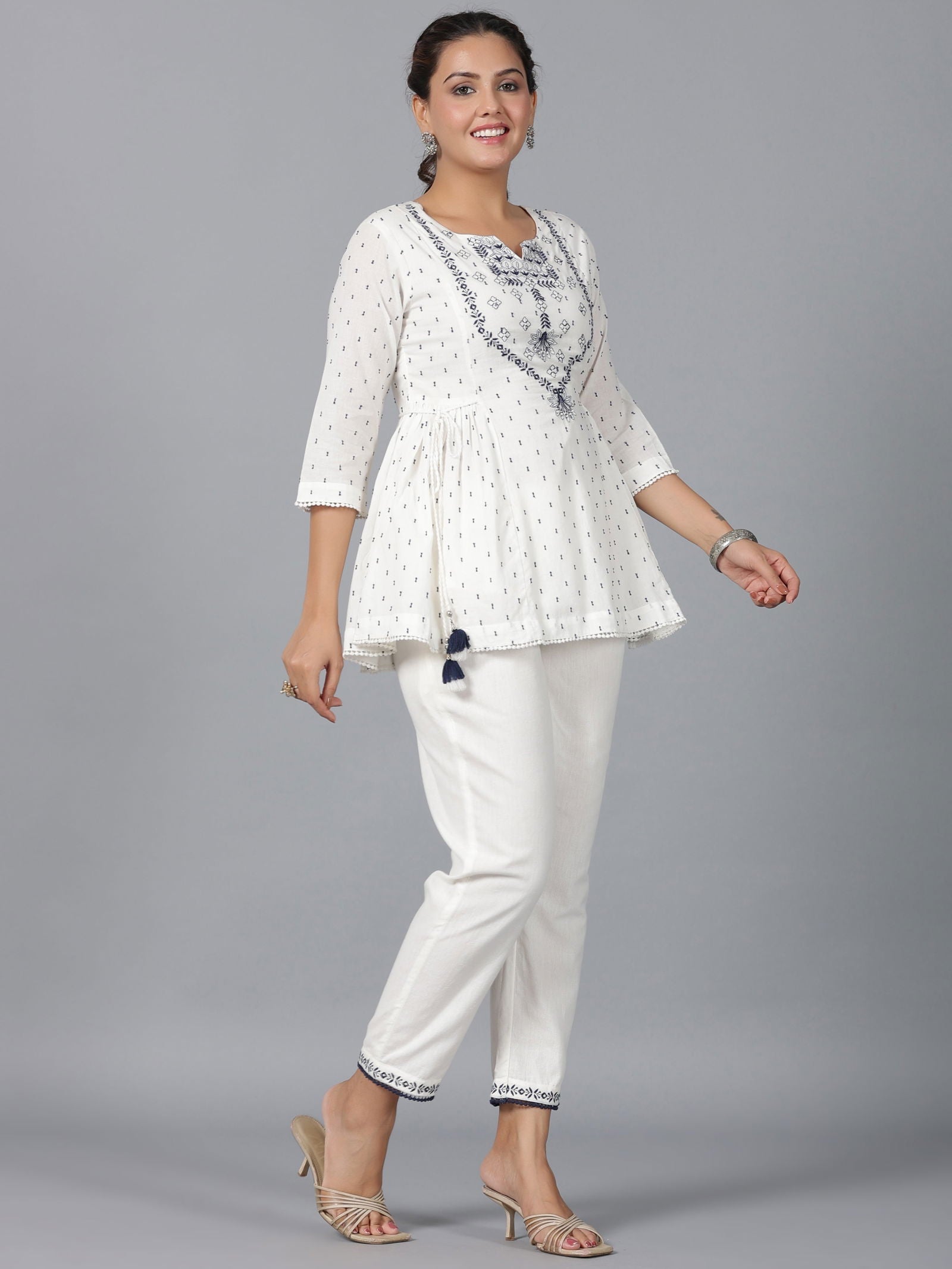 Juniper Off-White Ethnic Motif Printed Cotton Dobby Clothing Set With Thread Embroidery