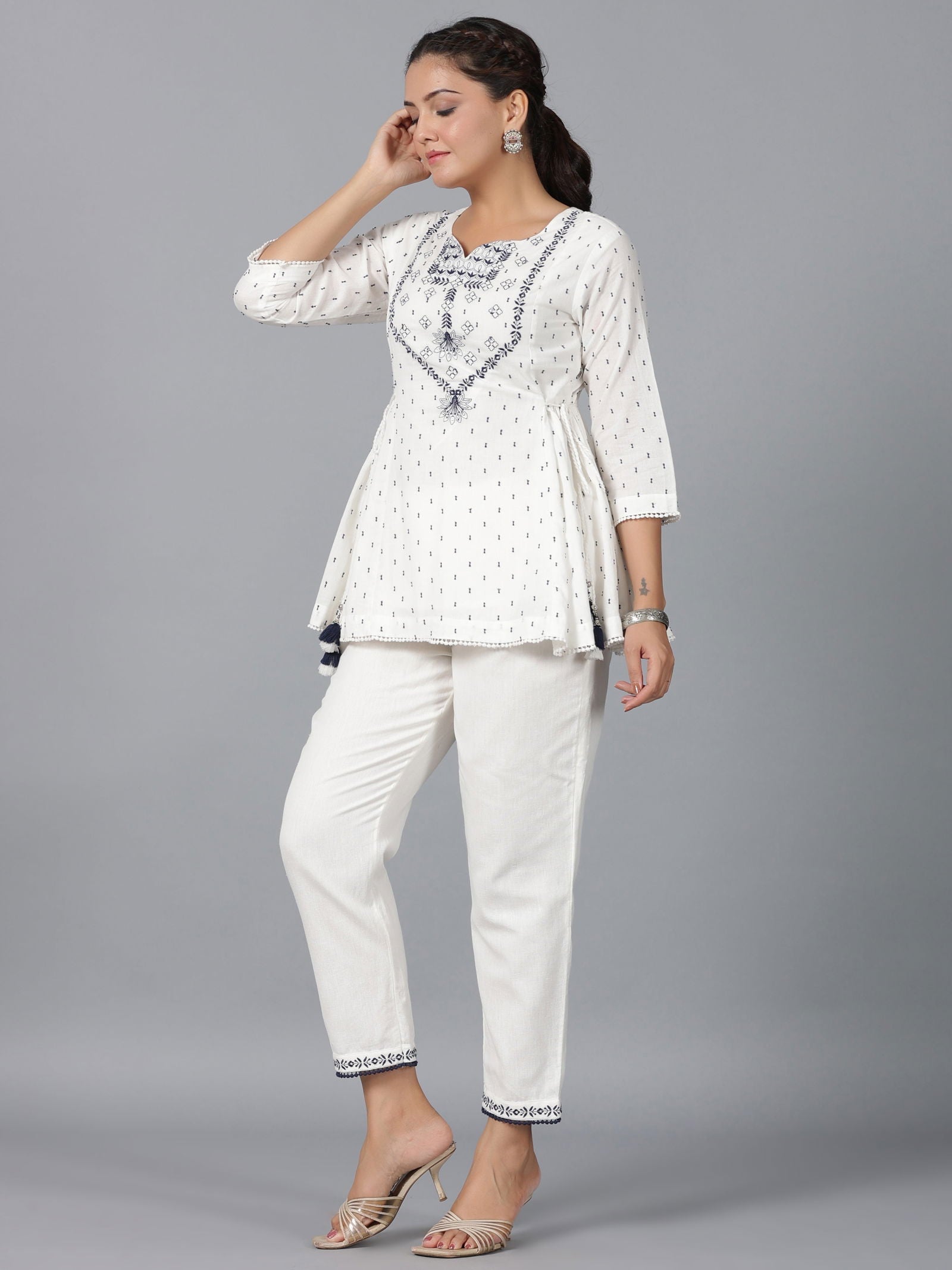 Juniper Off-White Ethnic Motif Printed Cotton Dobby Clothing Set With Thread Embroidery