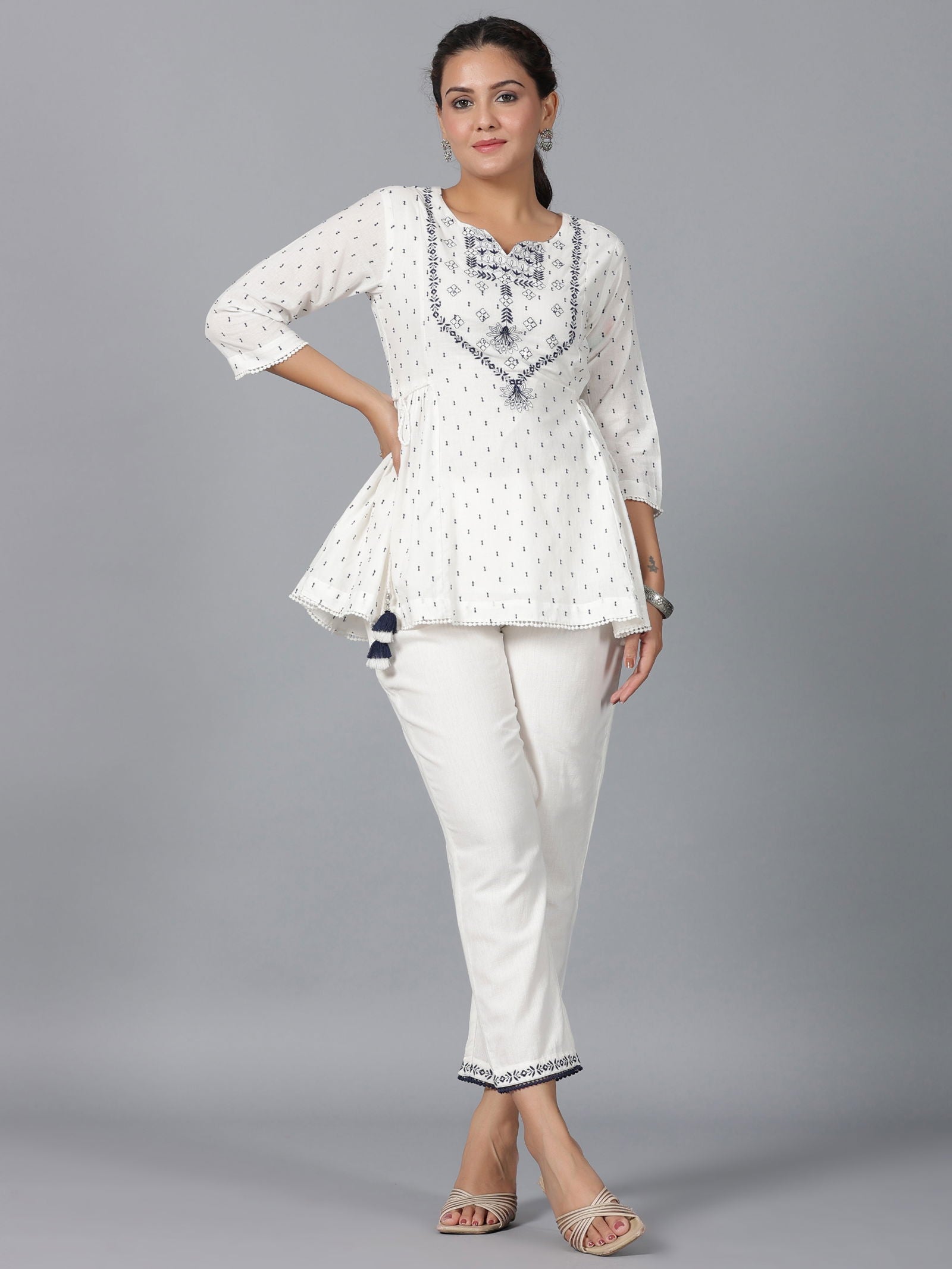 Juniper Off-White Ethnic Motif Printed Cotton Dobby Clothing Set With Thread Embroidery