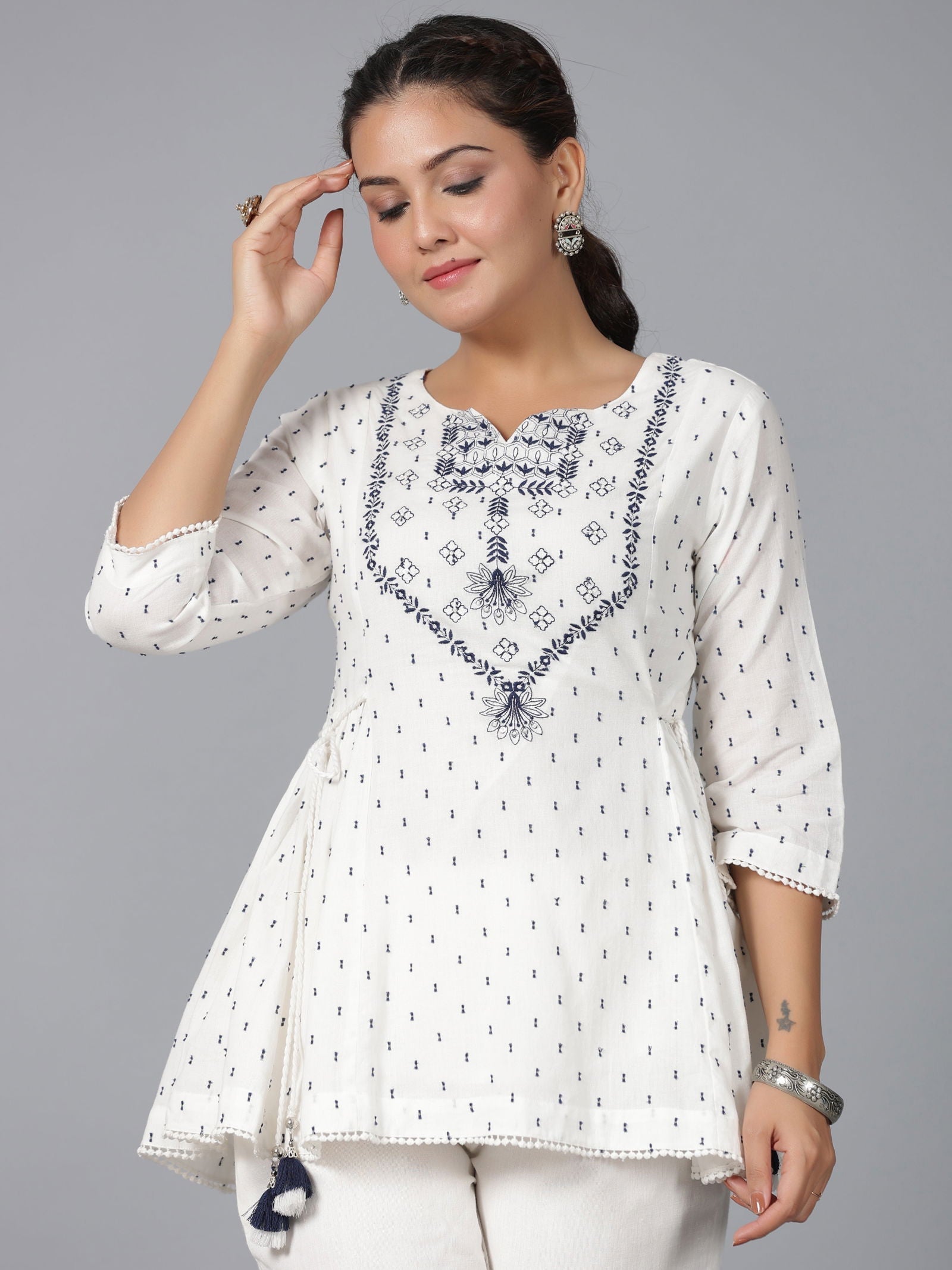 Juniper Off-White Ethnic Motif Printed Cotton Dobby Clothing Set With Thread Embroidery