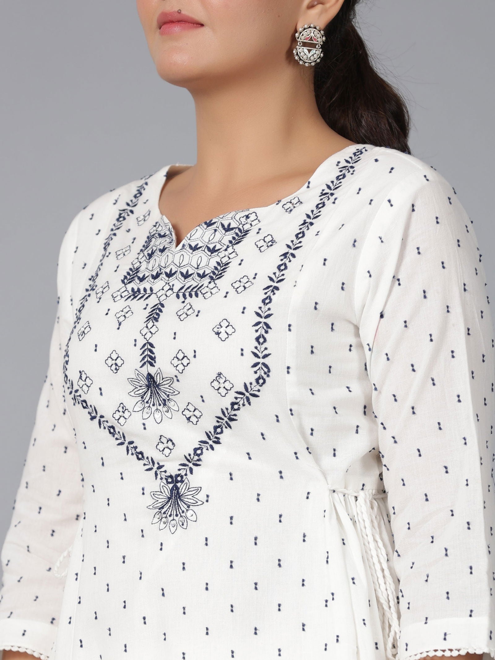 Juniper Off-White Ethnic Motif Printed Cotton Dobby Clothing Set With Thread Embroidery