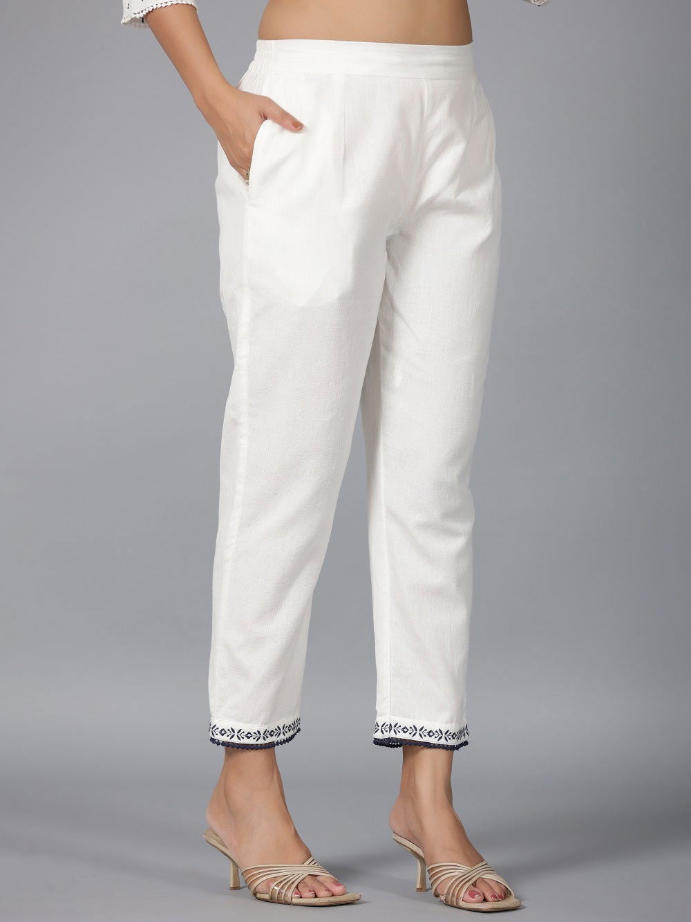 Juniper Off-White Ethnic Motif Printed Cotton Dobby Clothing Set With Thread Embroidery