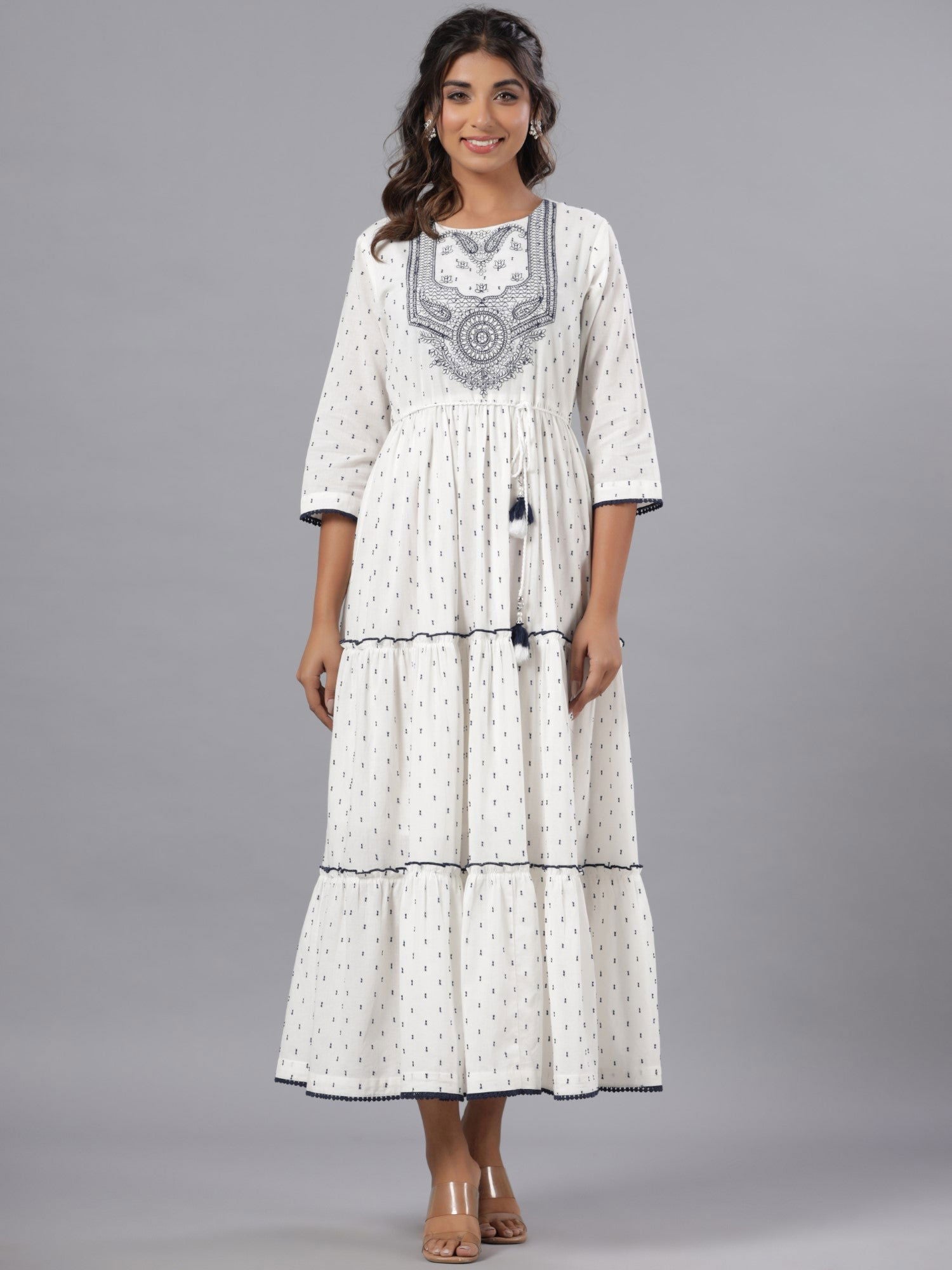 Juniper Off-White Ethnic Motif Printed Cotton Dobby Tiered Maxi Dress With Thread Embroidery