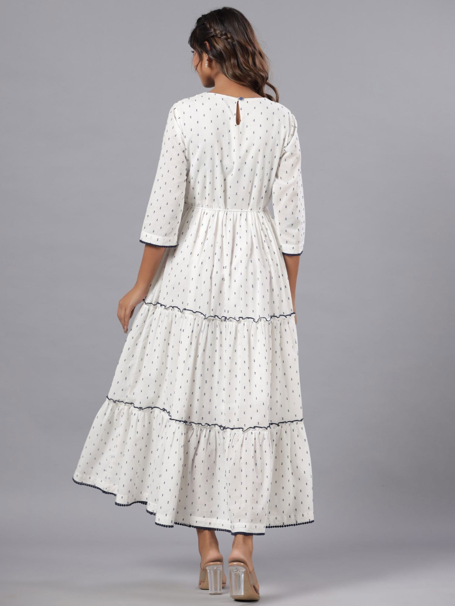 Juniper Off-White Ethnic Motif Printed Cotton Dobby Tiered Maxi Dress With Thread Embroidery