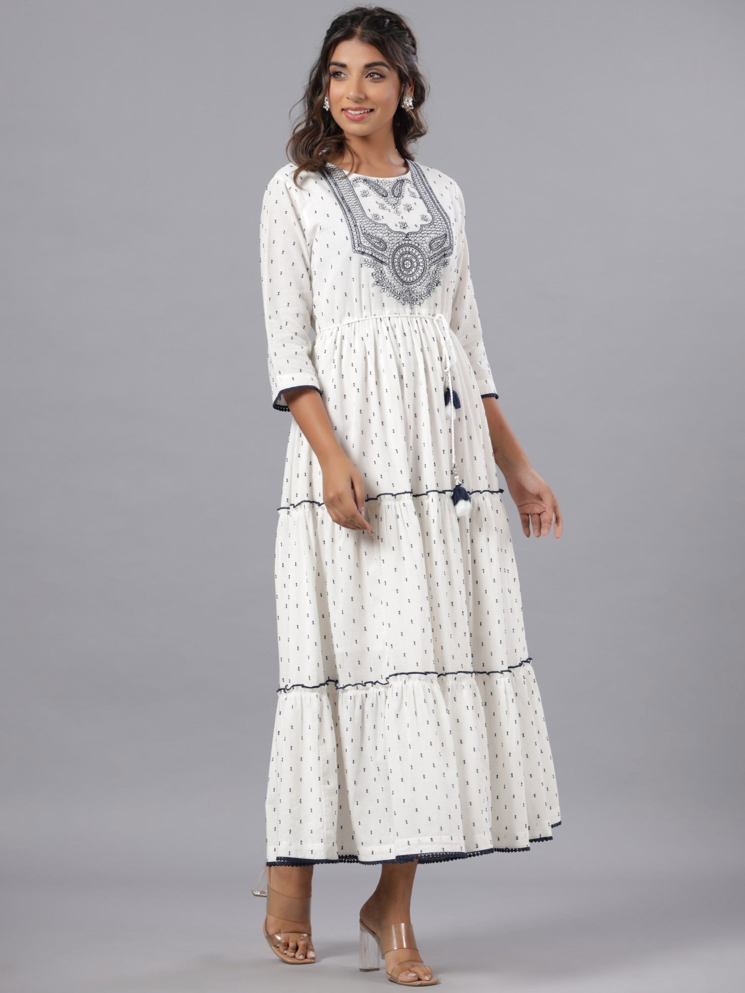 Juniper Off-White Ethnic Motif Printed Cotton Dobby Tiered Maxi Dress With Thread Embroidery