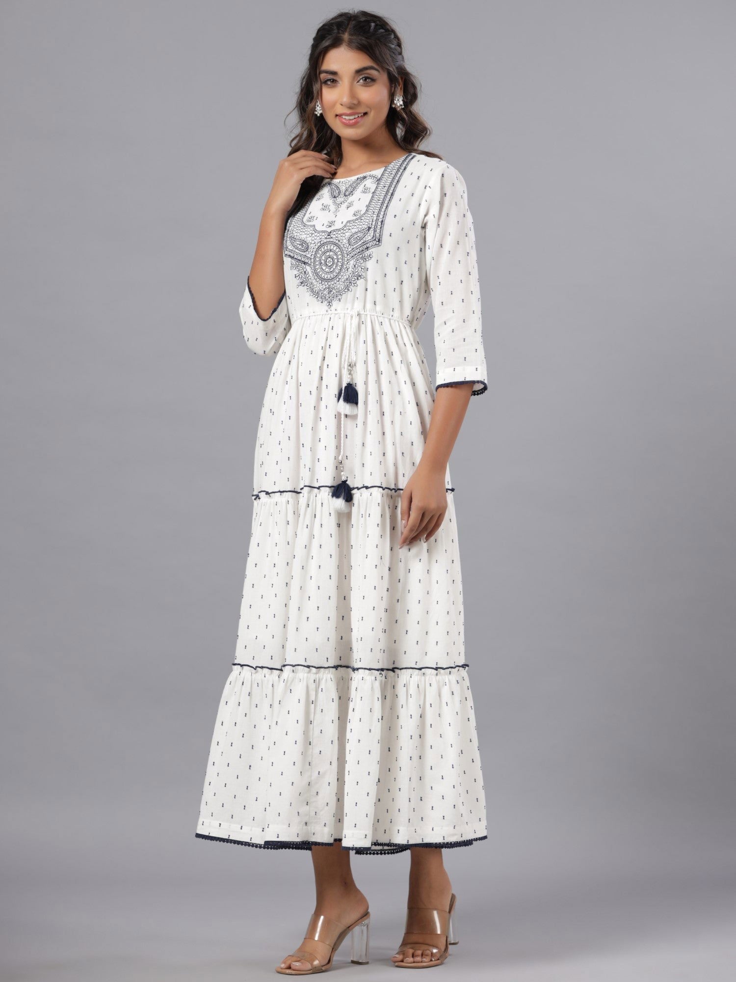 Juniper Off-White Ethnic Motif Printed Cotton Dobby Tiered Maxi Dress With Thread Embroidery