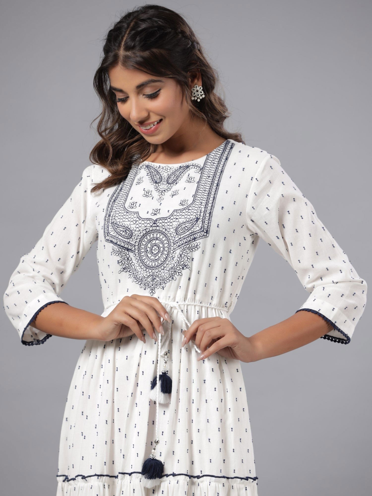 Juniper Off-White Ethnic Motif Printed Cotton Dobby Tiered Maxi Dress With Thread Embroidery