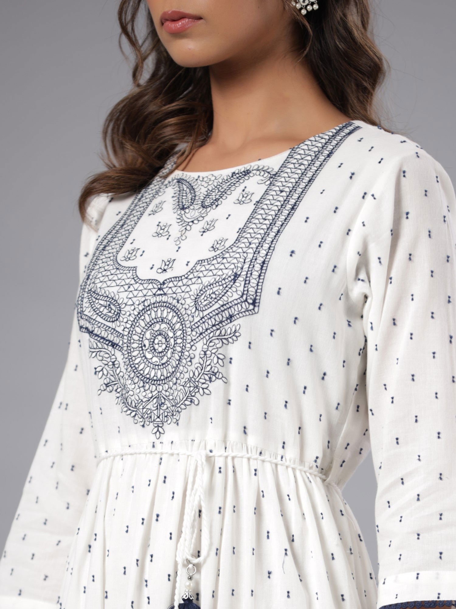 Juniper Off-White Ethnic Motif Printed Cotton Dobby Tiered Maxi Dress With Thread Embroidery