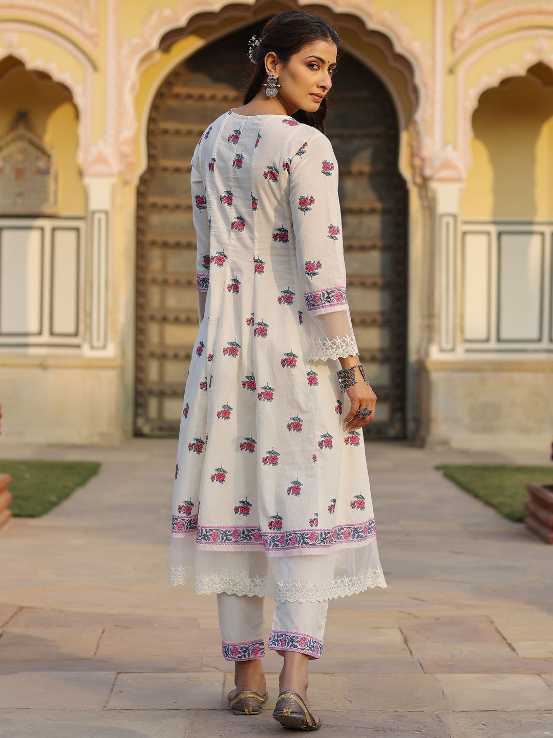 Juniper Off-White Floral Printed Pure Cotton Lacy Kurta & Pants Set.