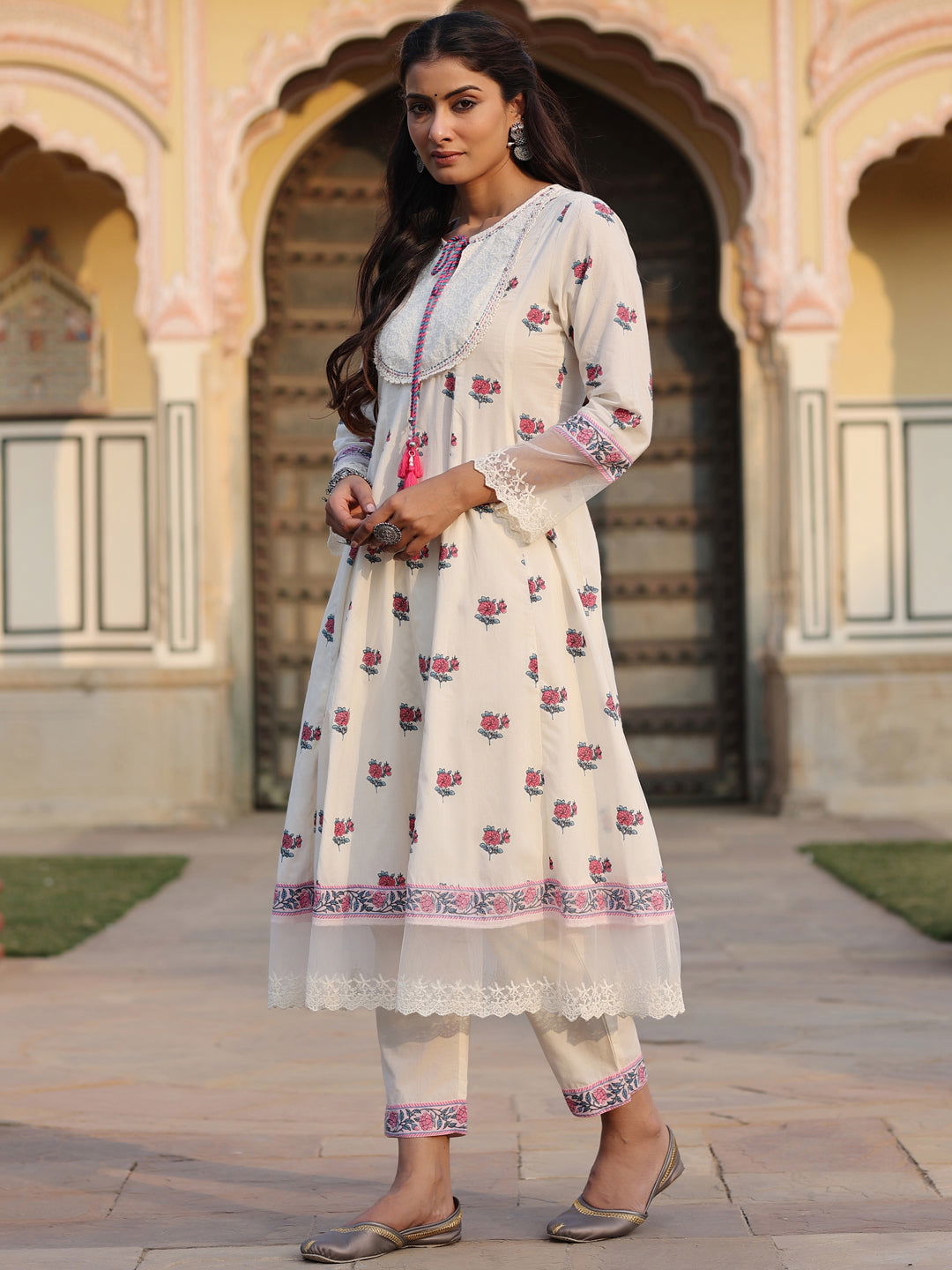 Juniper Off-White Floral Printed Pure Cotton Lacy Kurta & Pants Set.