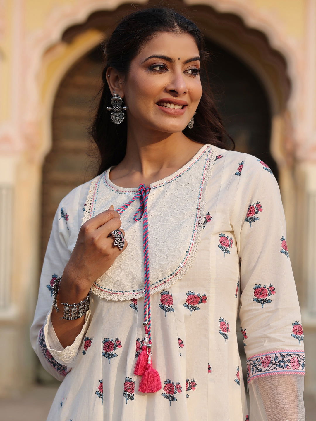Juniper Off-White Floral Printed Pure Cotton Lacy Kurta & Pants Set.