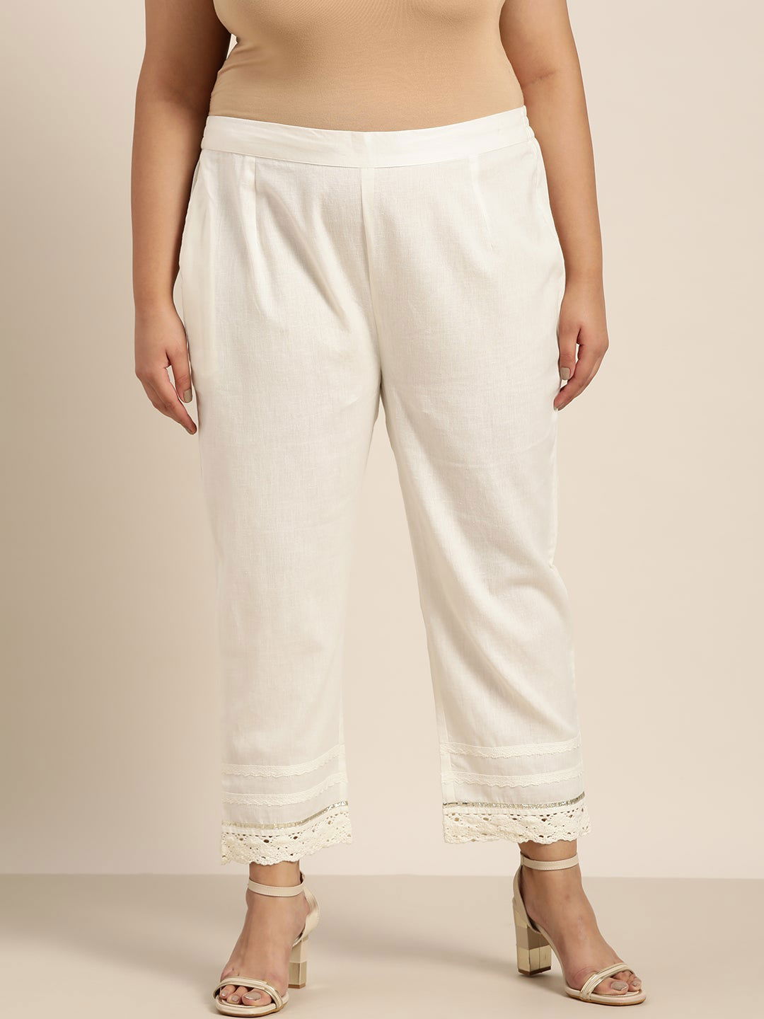 Juniper Off White Grey Cotton Solid Cigarette Pants