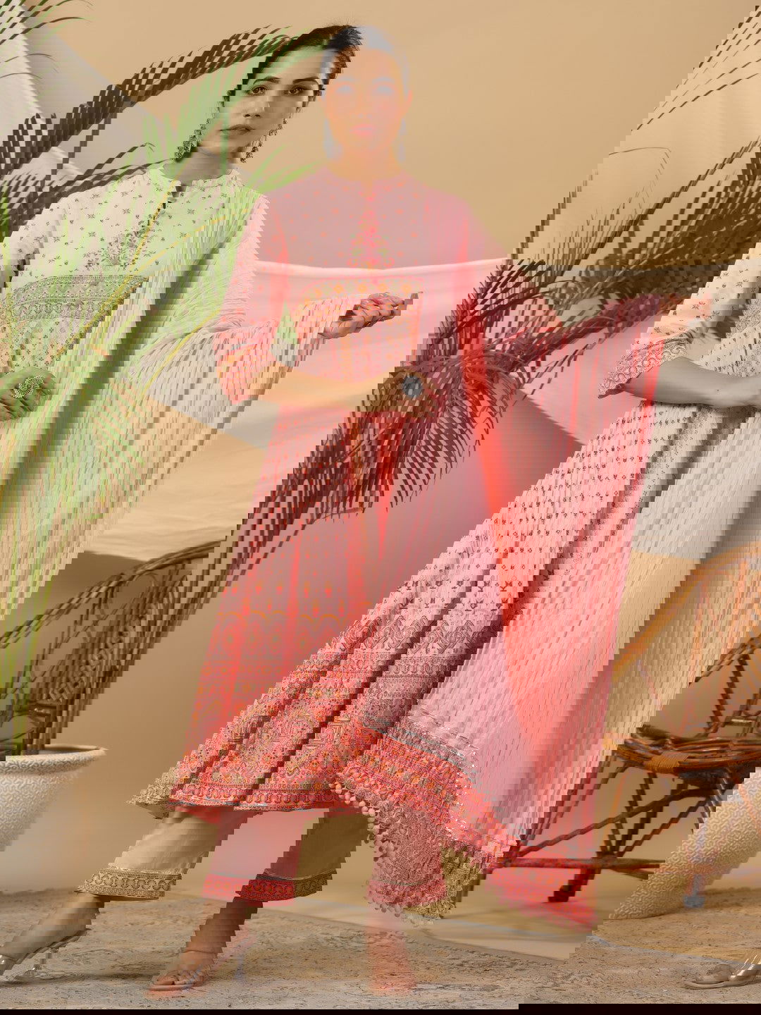 Juniper Peach Cotton Tribal Print Crushed Anarkali Kurta With Pant & Dupatta Set With Kantha Work & Button