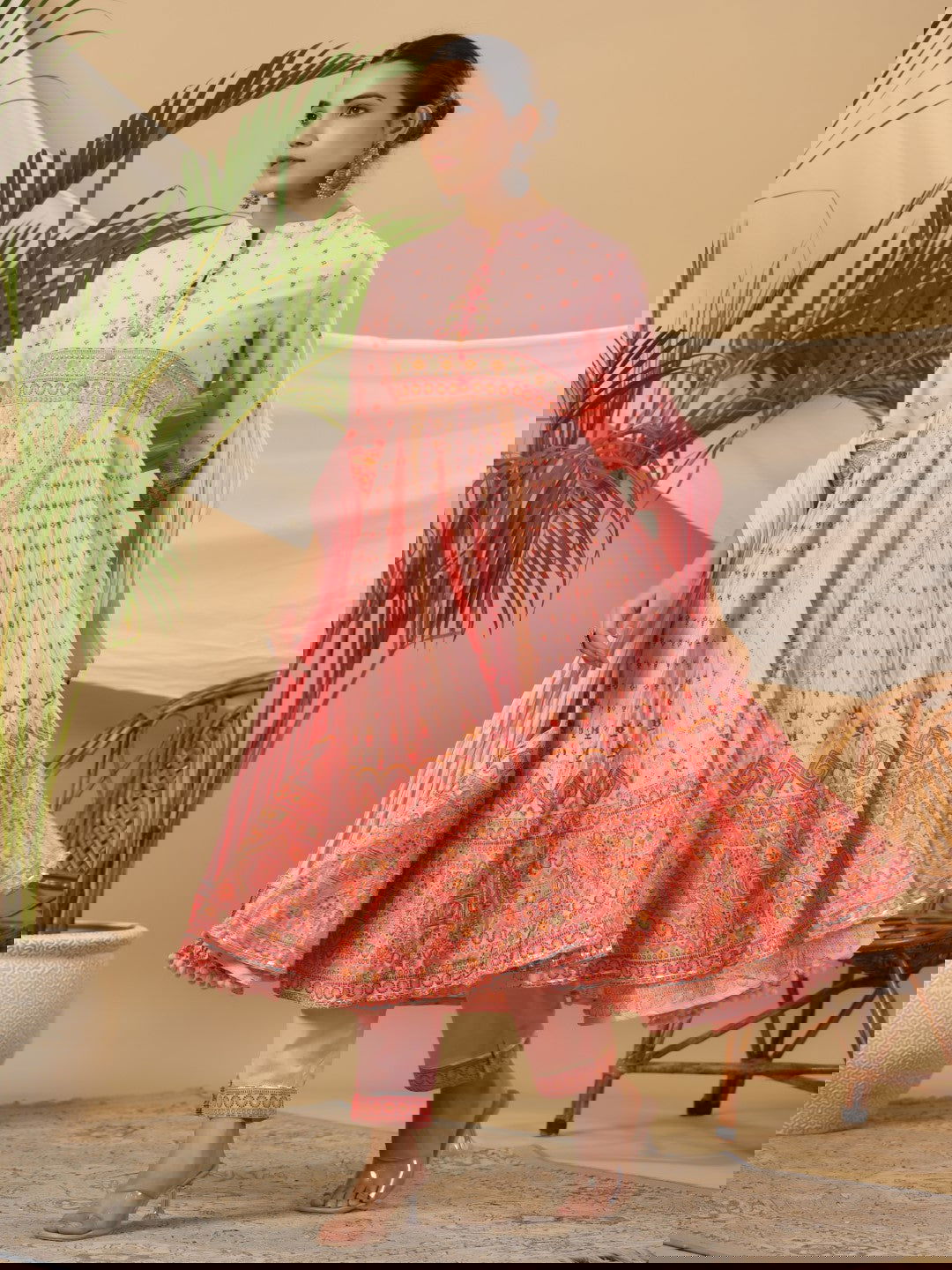 Juniper Peach Cotton Tribal Print Crushed Anarkali Kurta With Pant & Dupatta Set With Kantha Work & Button