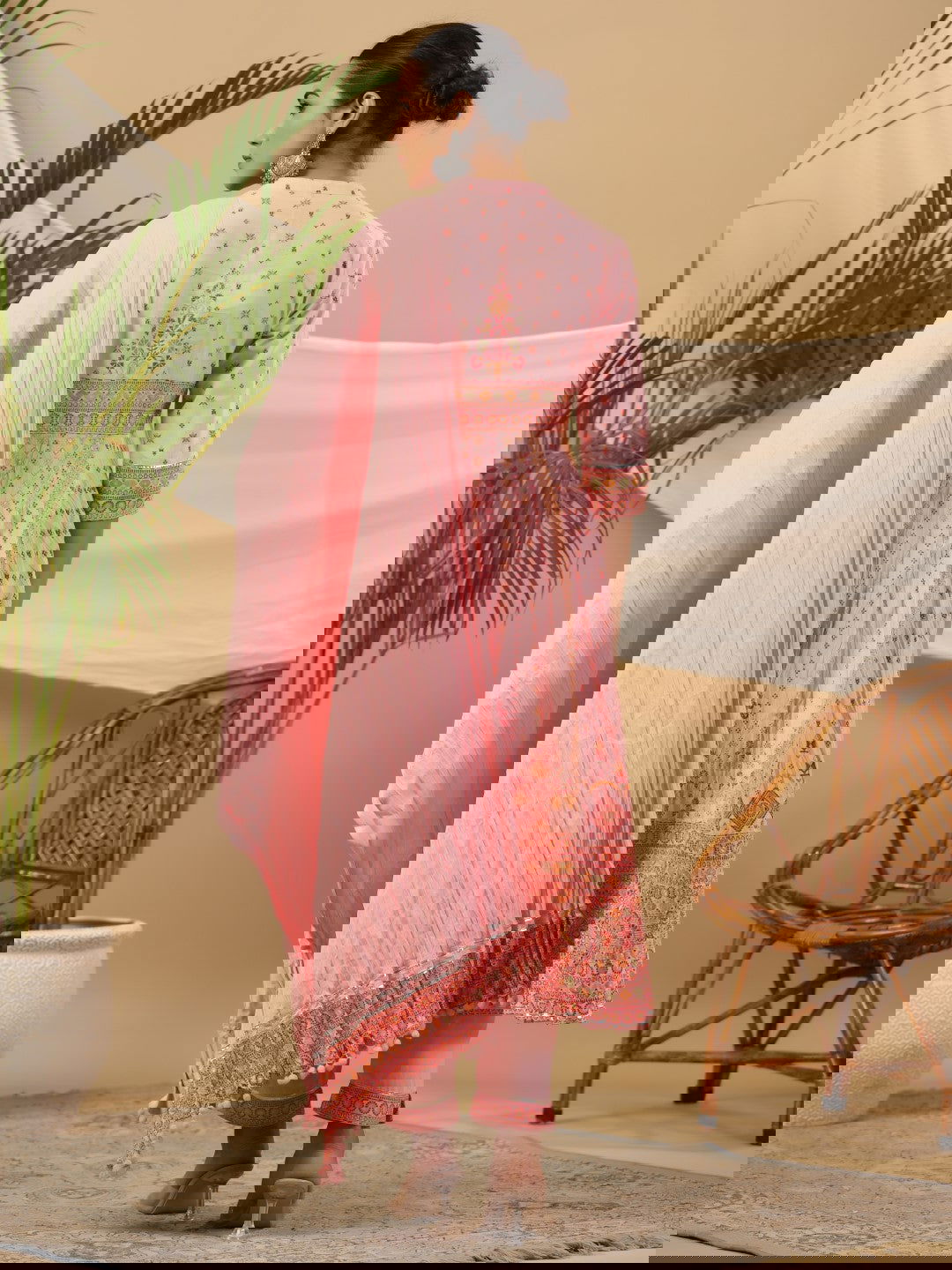 Juniper Peach Cotton Tribal Print Crushed Anarkali Kurta With Pant & Dupatta Set With Kantha Work & Button