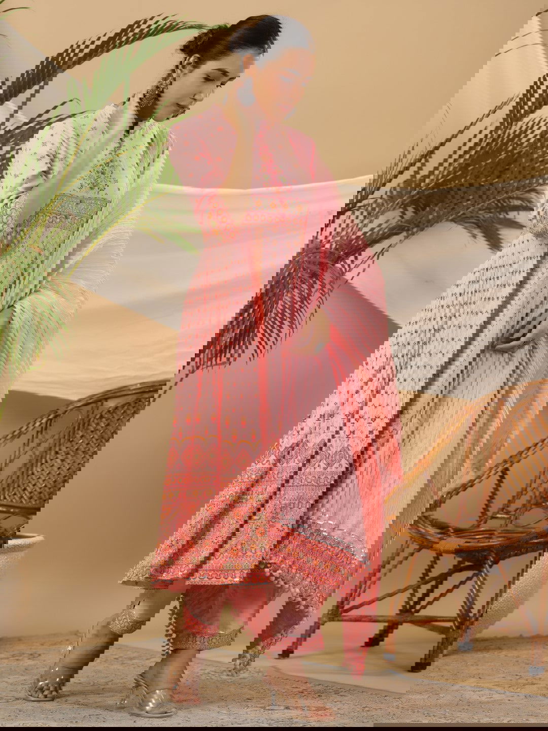 Juniper Peach Cotton Tribal Print Crushed Anarkali Kurta With Pant & Dupatta Set With Kantha Work & Button